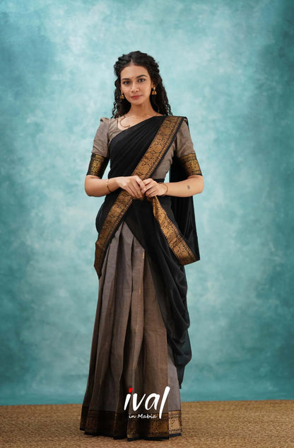 Padmaja - Grayish Brown And Black Cotton Halfsaree Half Sarees