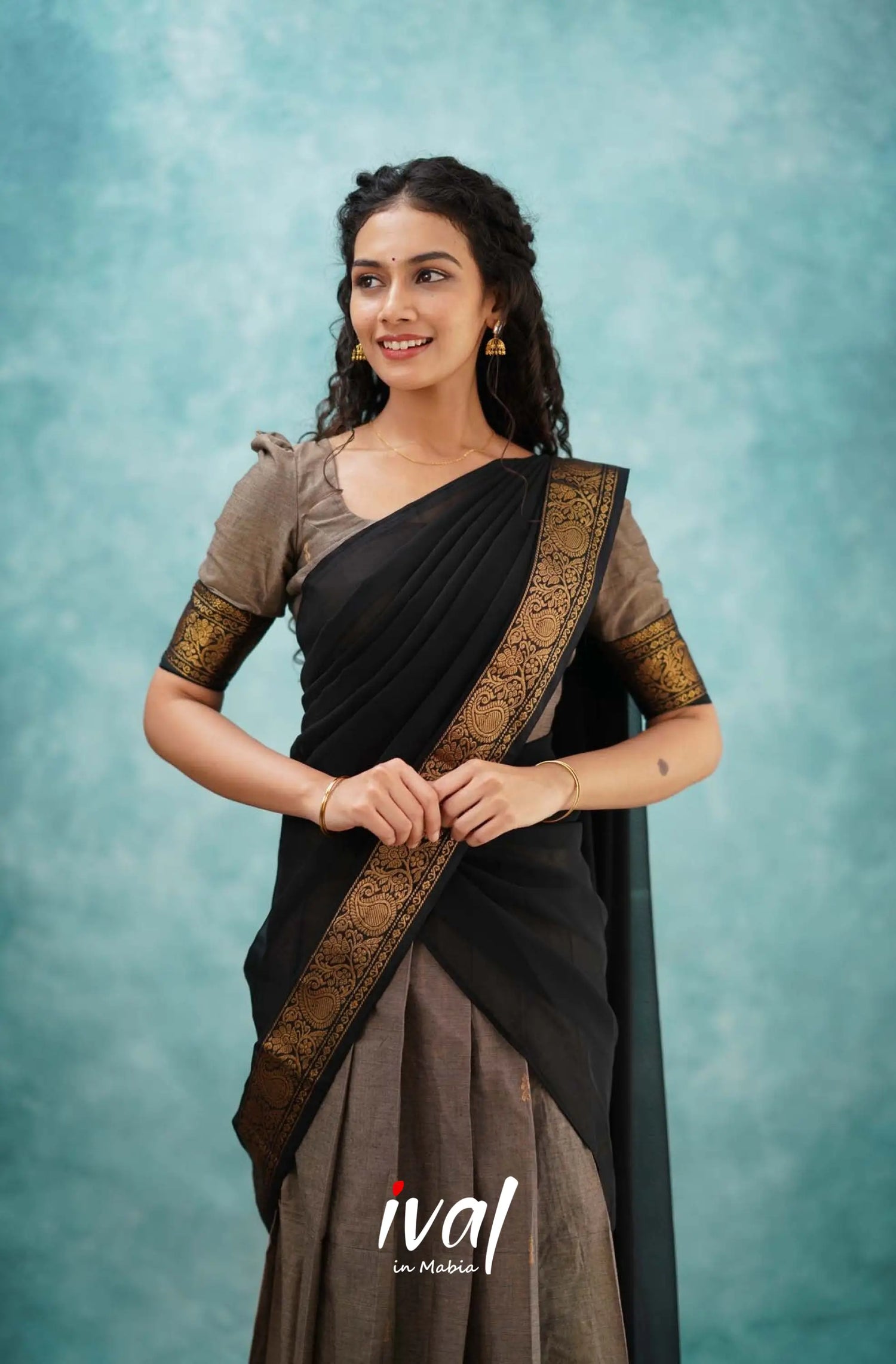 Padmaja - Grayish Brown And Black Cotton Halfsaree Half Sarees