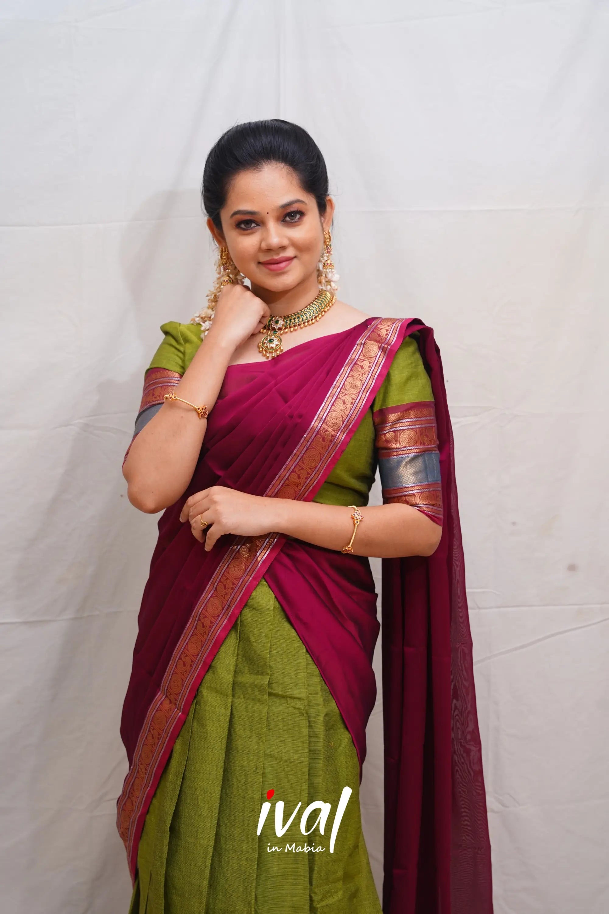 Padmaja - Green And Magenta Cotton Halfsaree Half Sarees