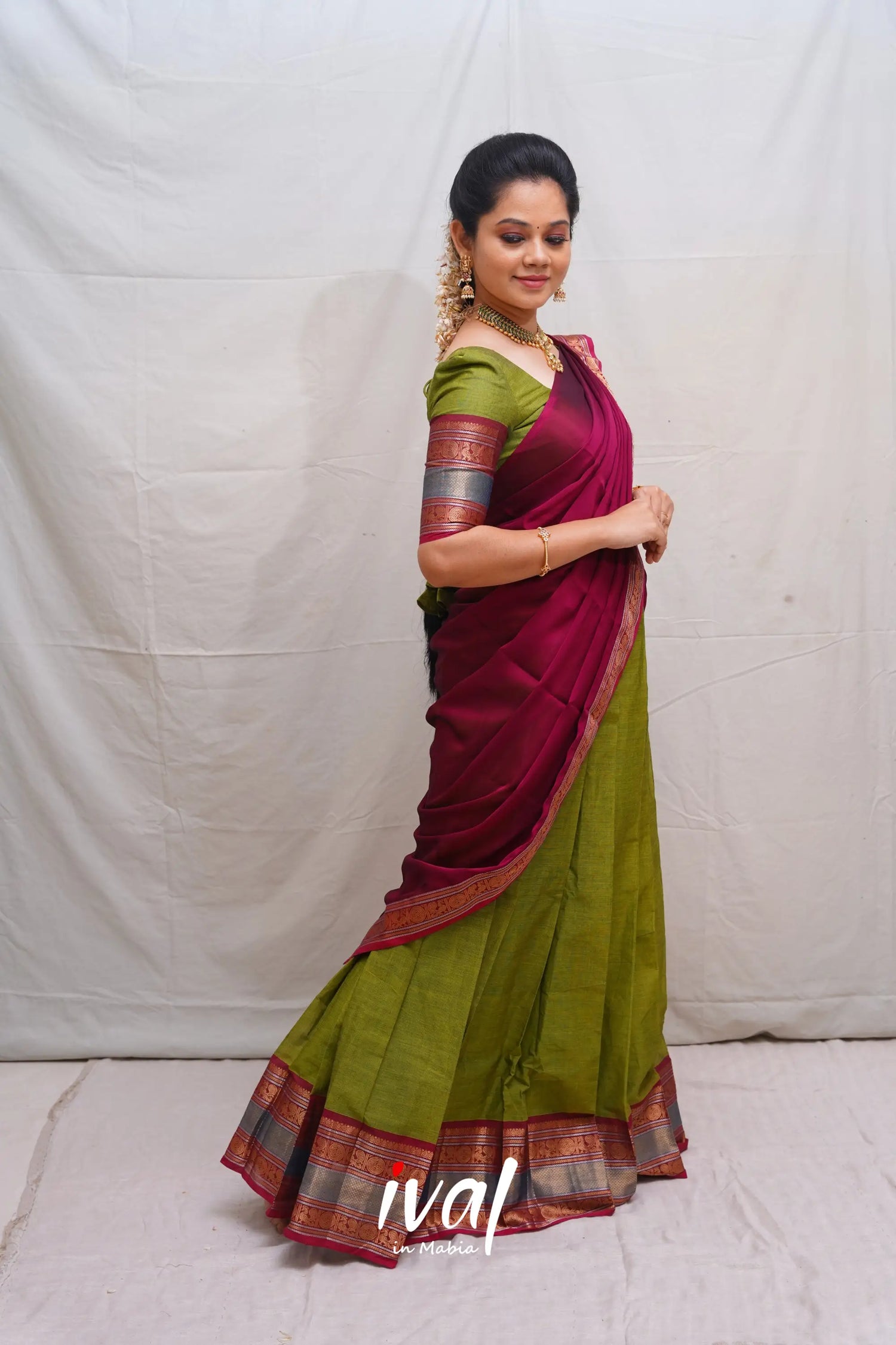 Padmaja - Green And Magenta Cotton Halfsaree Half Sarees