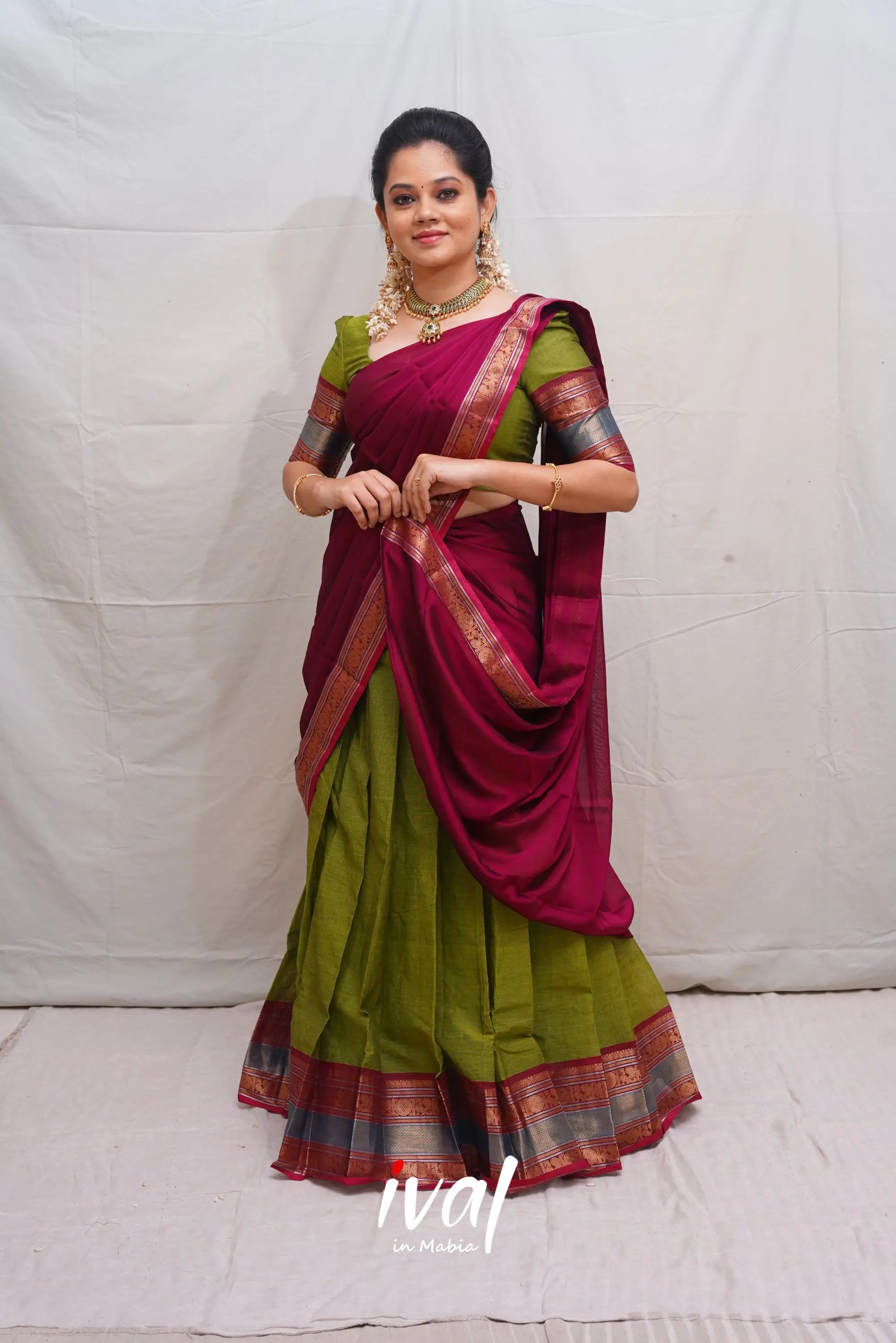 Padmaja - Green And Magenta Cotton Halfsaree Half Sarees