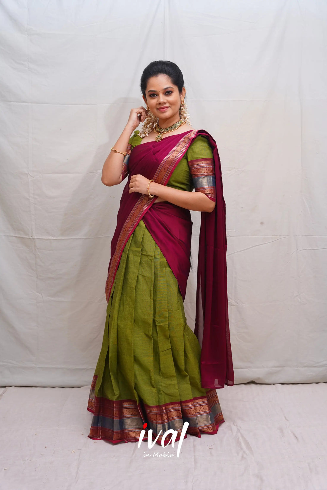 Padmaja - Green And Magenta Cotton Halfsaree Half Sarees