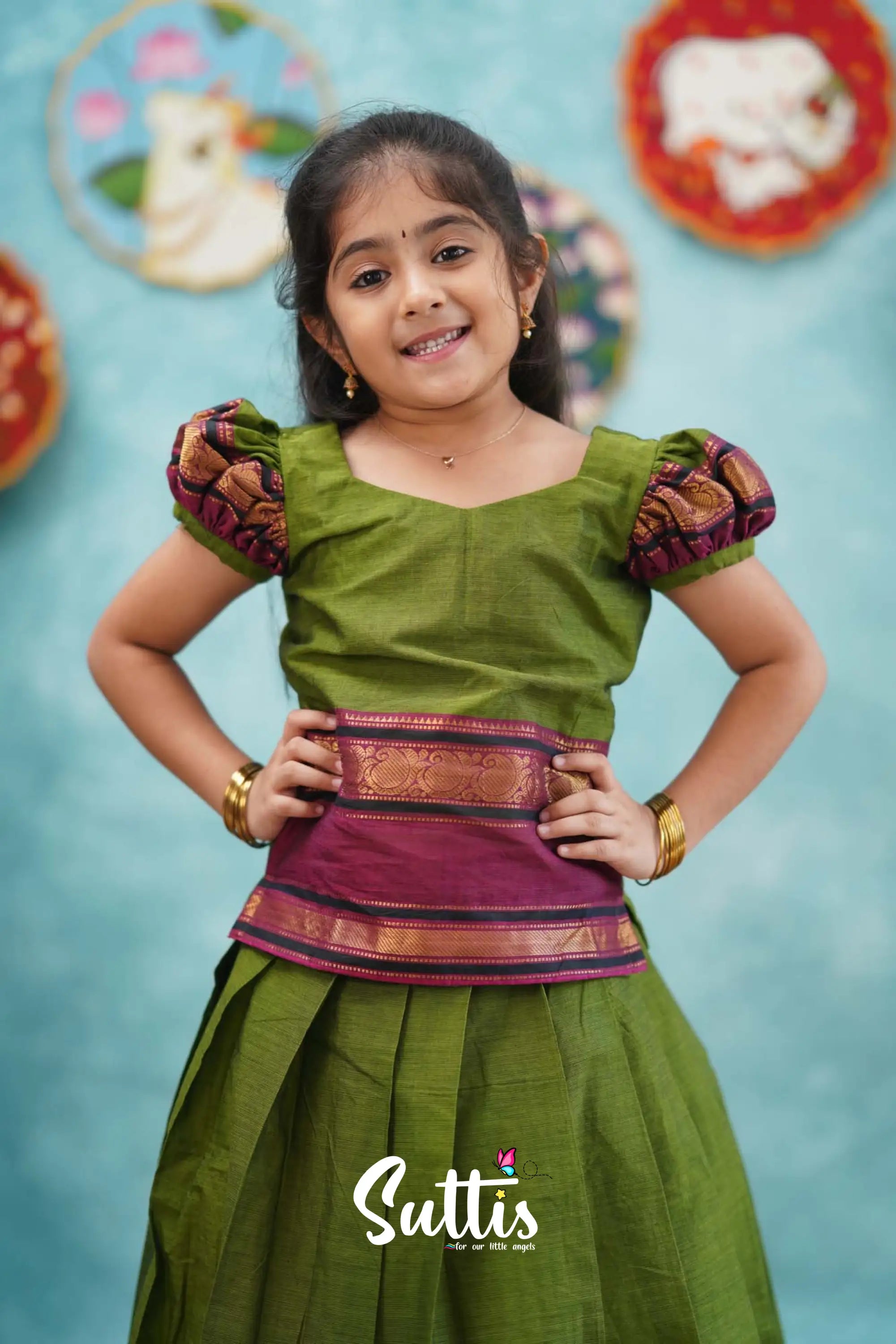 Padmaja - Green And Magenta Pink Pavadai Sattai Kids-Suttis