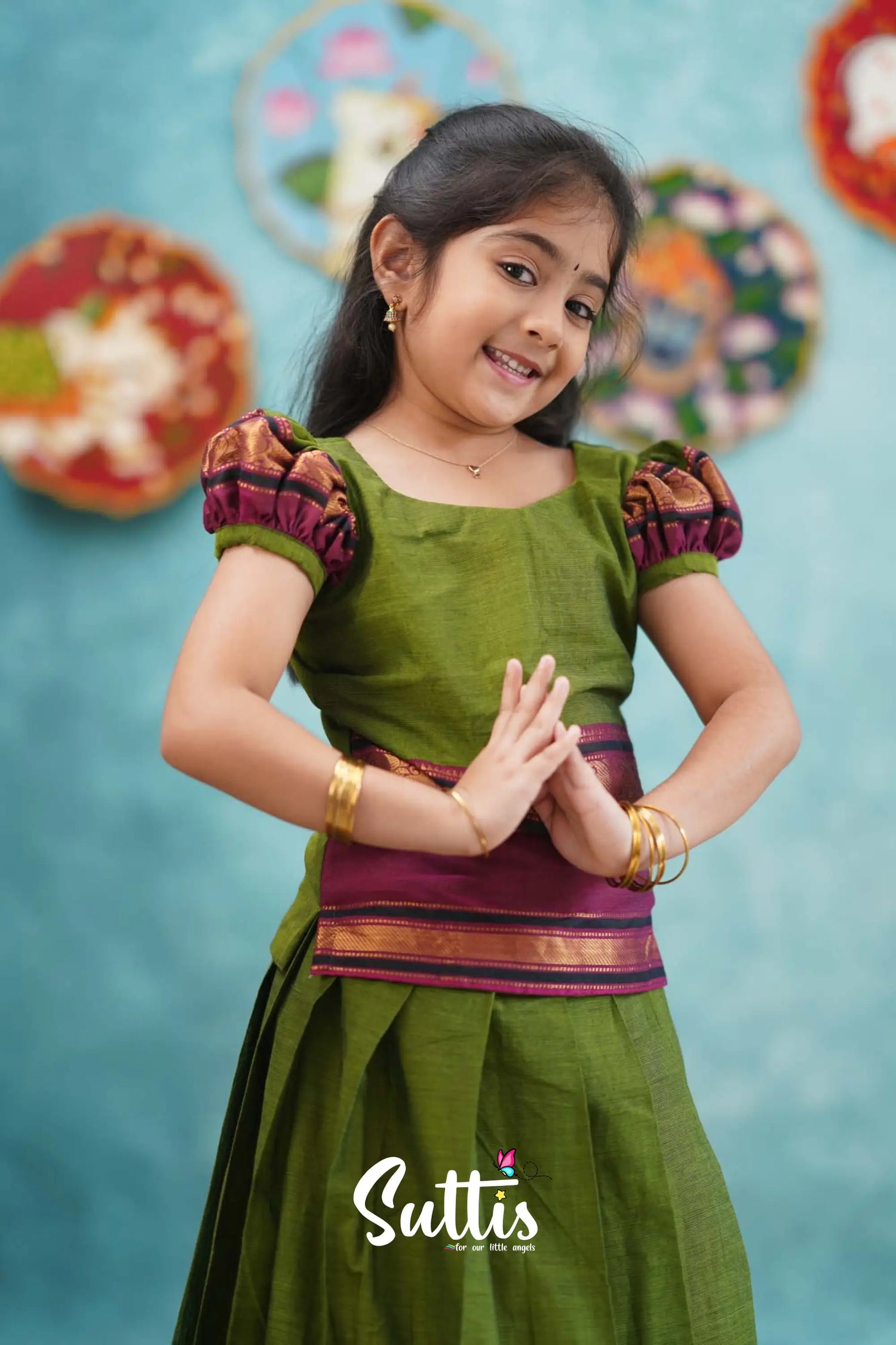 Padmaja - Green And Magenta Pink Pavadai Sattai Kids-Suttis