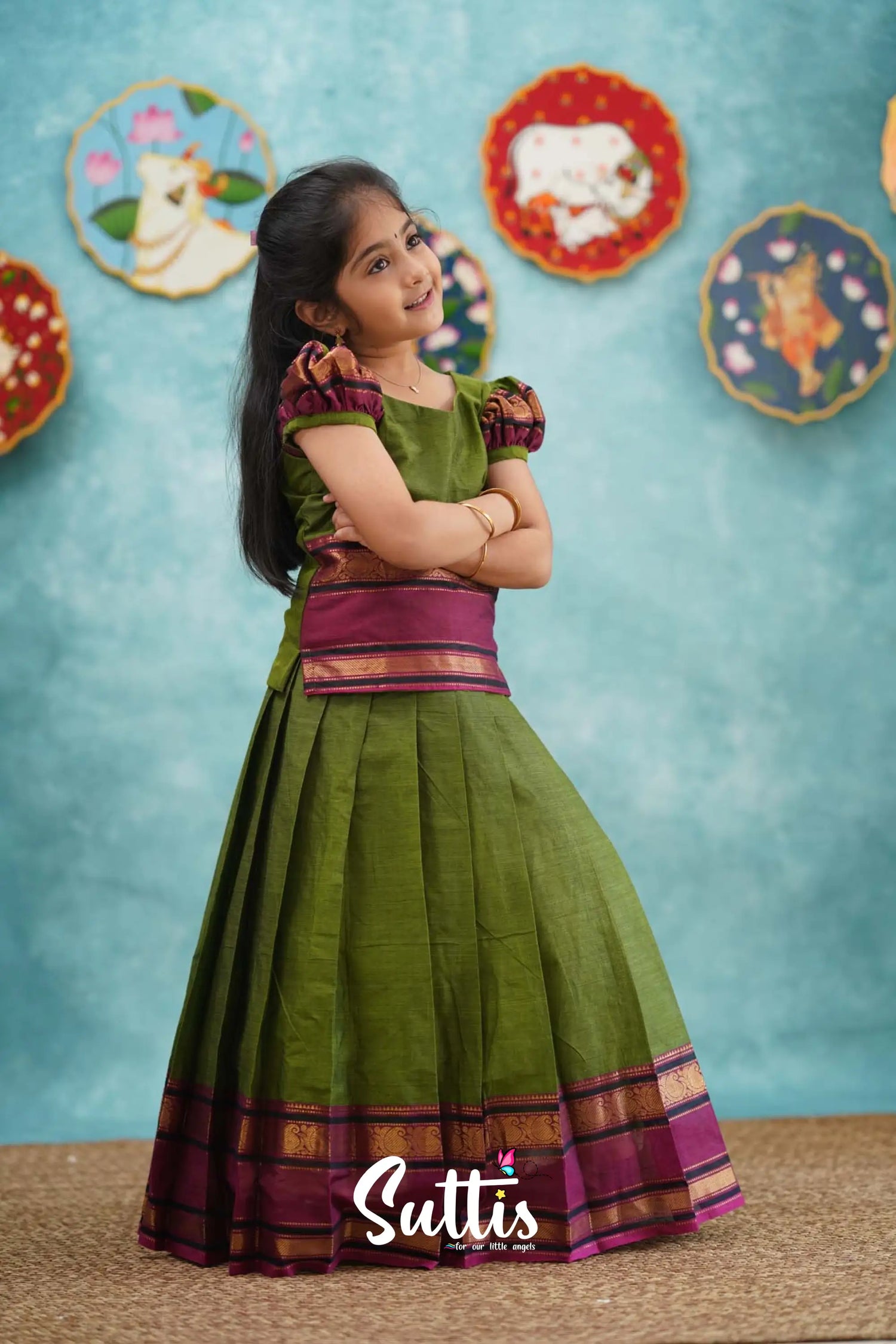 Padmaja - Green And Magenta Pink Pavadai Sattai Kids-Suttis