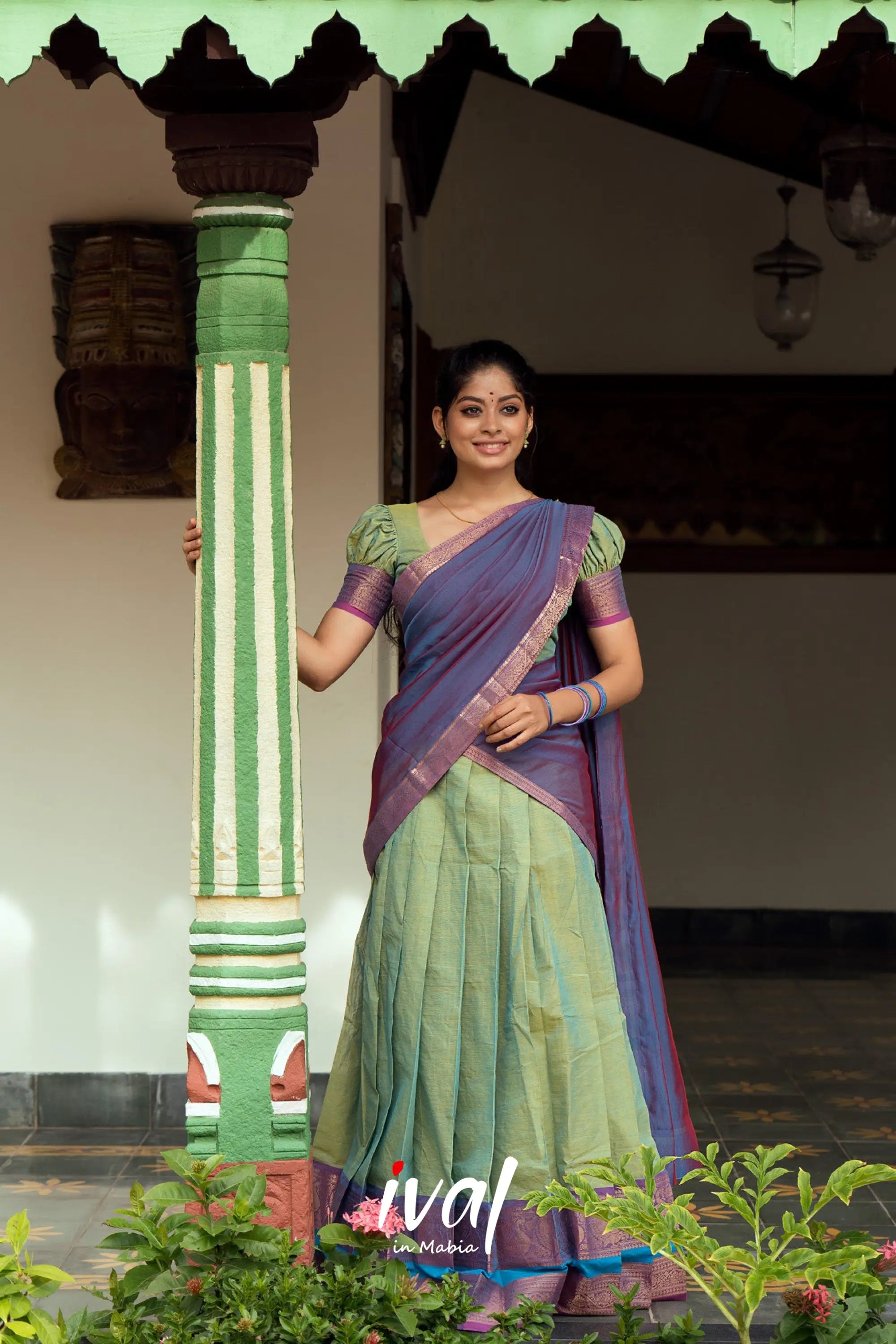 Padmaja - Green And Purple Cotton Halfsaree Half Sarees