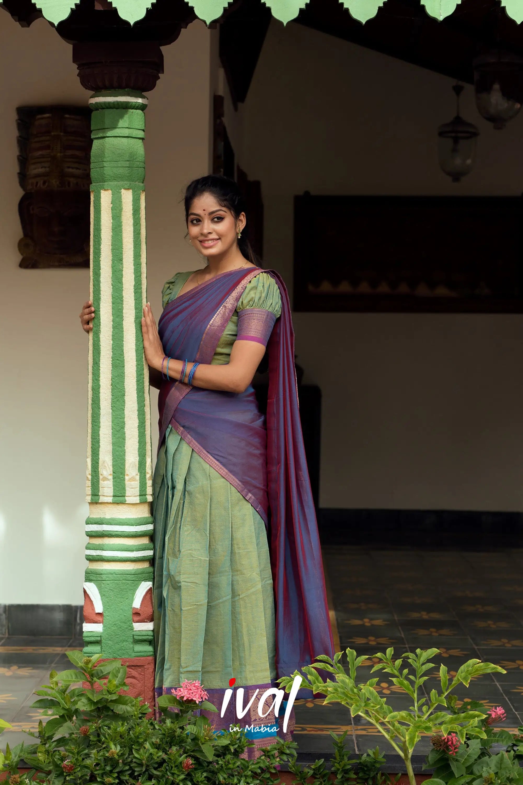 Padmaja - Green And Purple Cotton Halfsaree Half Sarees