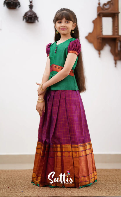 Padmaja - Green Shade And Magenta Tone Cotton Pavadai Sattai Kids-Suttis