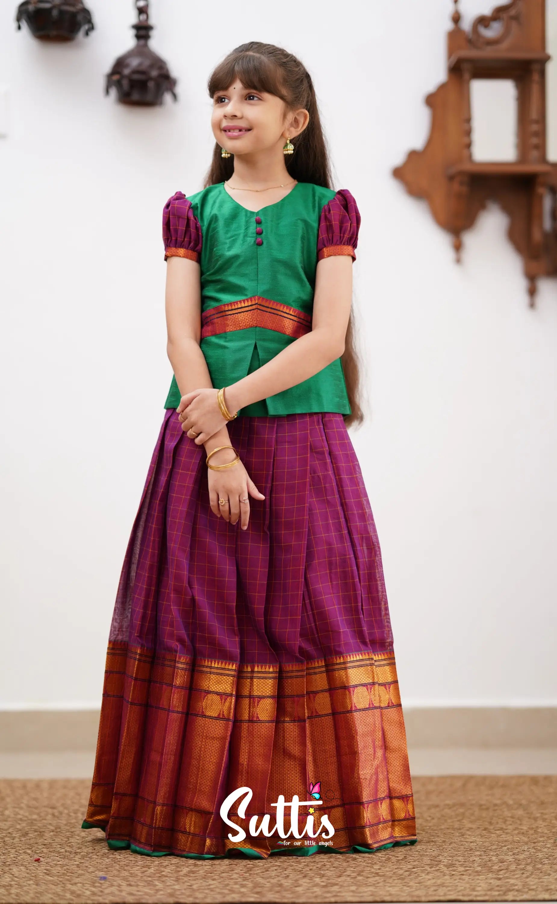 Padmaja - Green Shade And Magenta Tone Cotton Pavadai Sattai Kids-Suttis