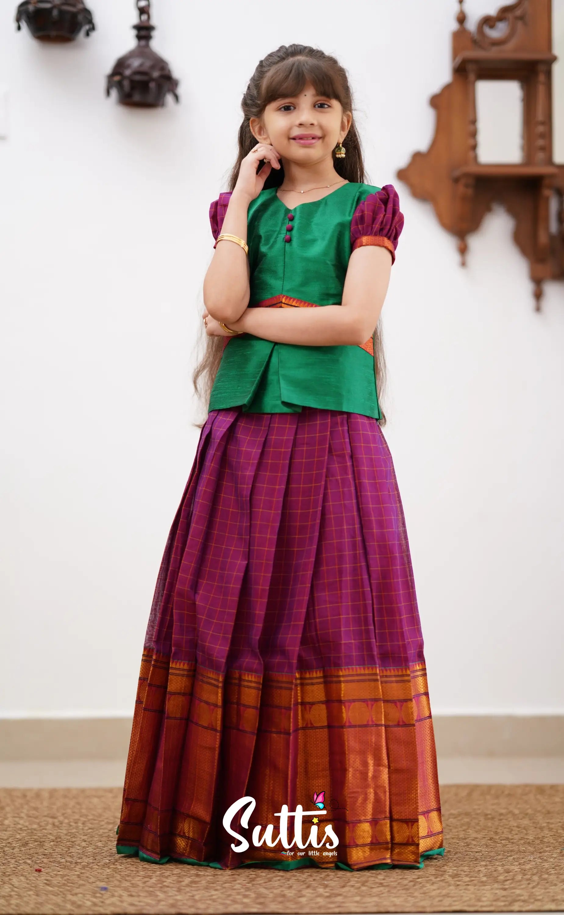 Padmaja - Green Shade And Magenta Tone Cotton Pavadai Sattai Kids-Suttis