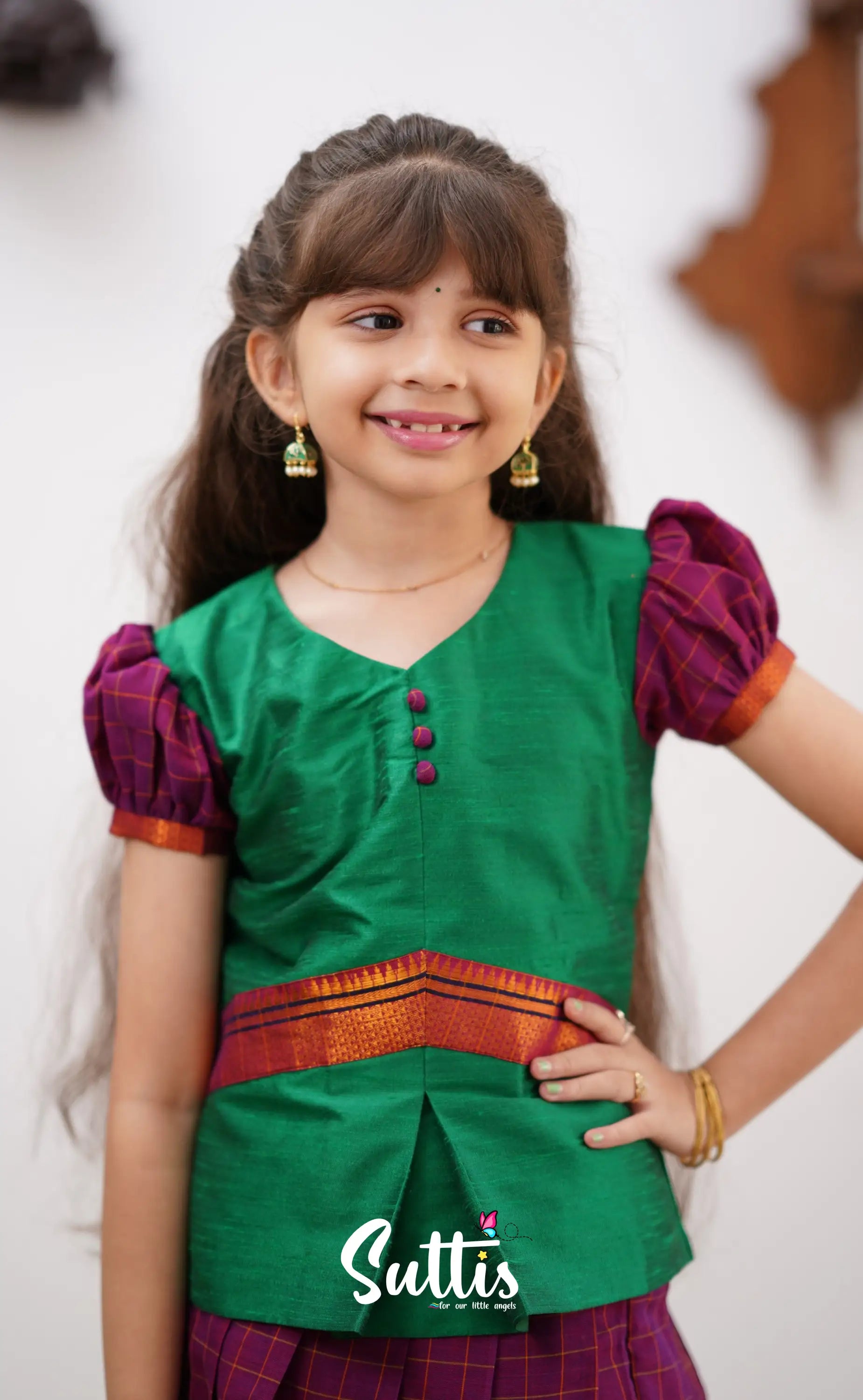 Padmaja - Green Shade And Magenta Tone Cotton Pavadai Sattai Kids-Suttis