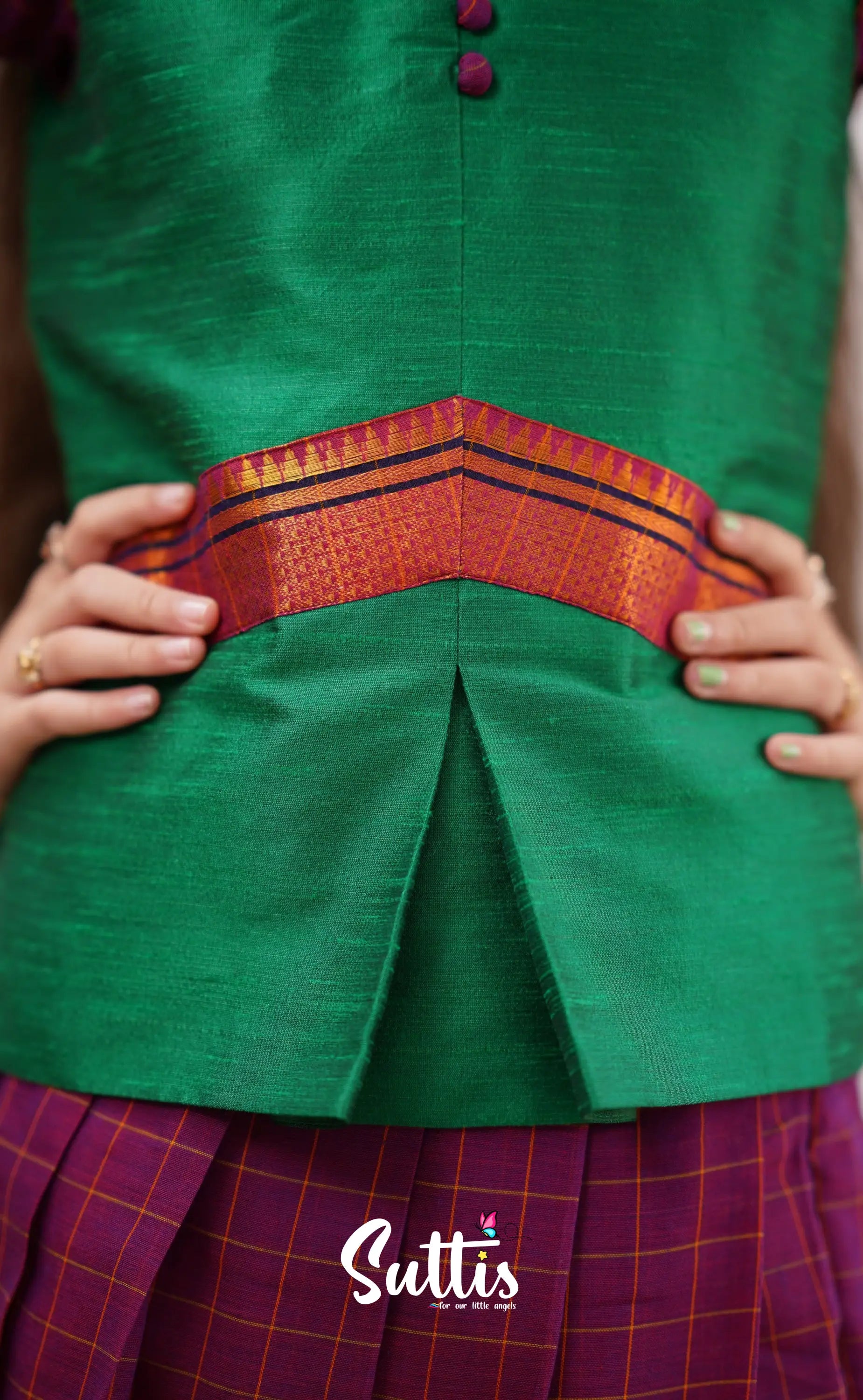 Padmaja - Green Shade And Magenta Tone Cotton Pavadai Sattai Kids-Suttis