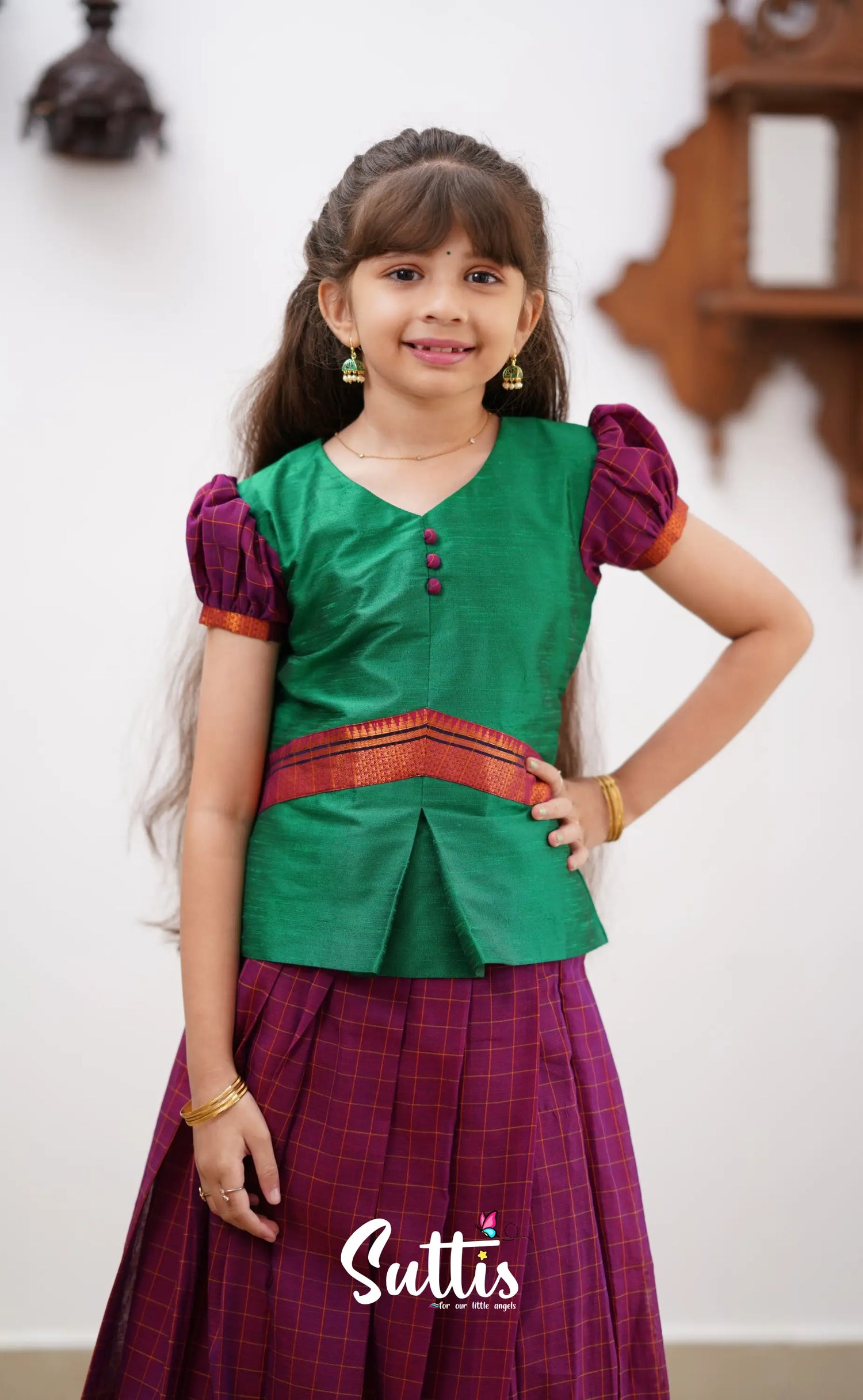 Padmaja - Green Shade And Magenta Tone Cotton Pavadai Sattai Kids-Suttis