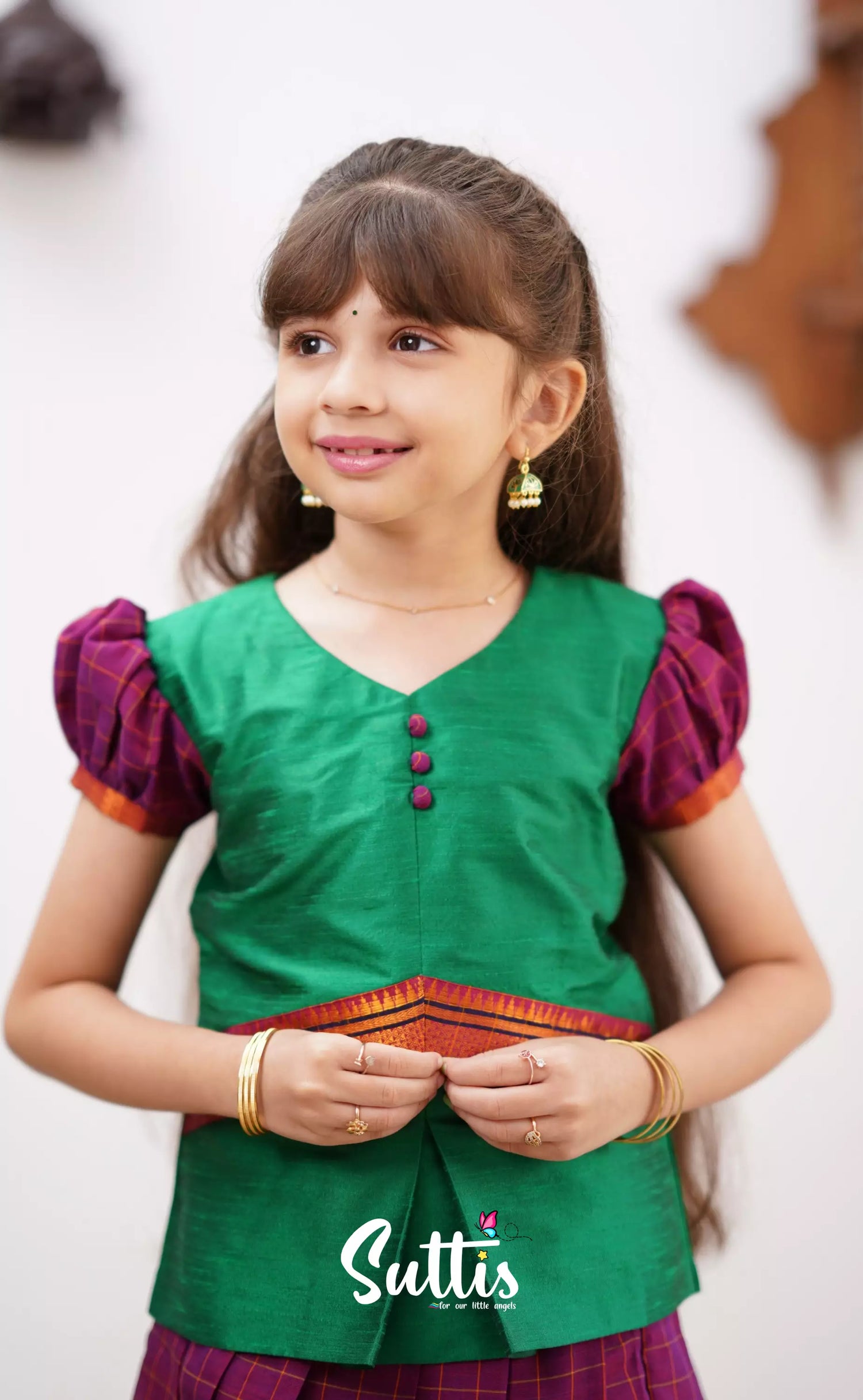 Padmaja - Green Shade And Magenta Tone Cotton Pavadai Sattai Kids-Suttis