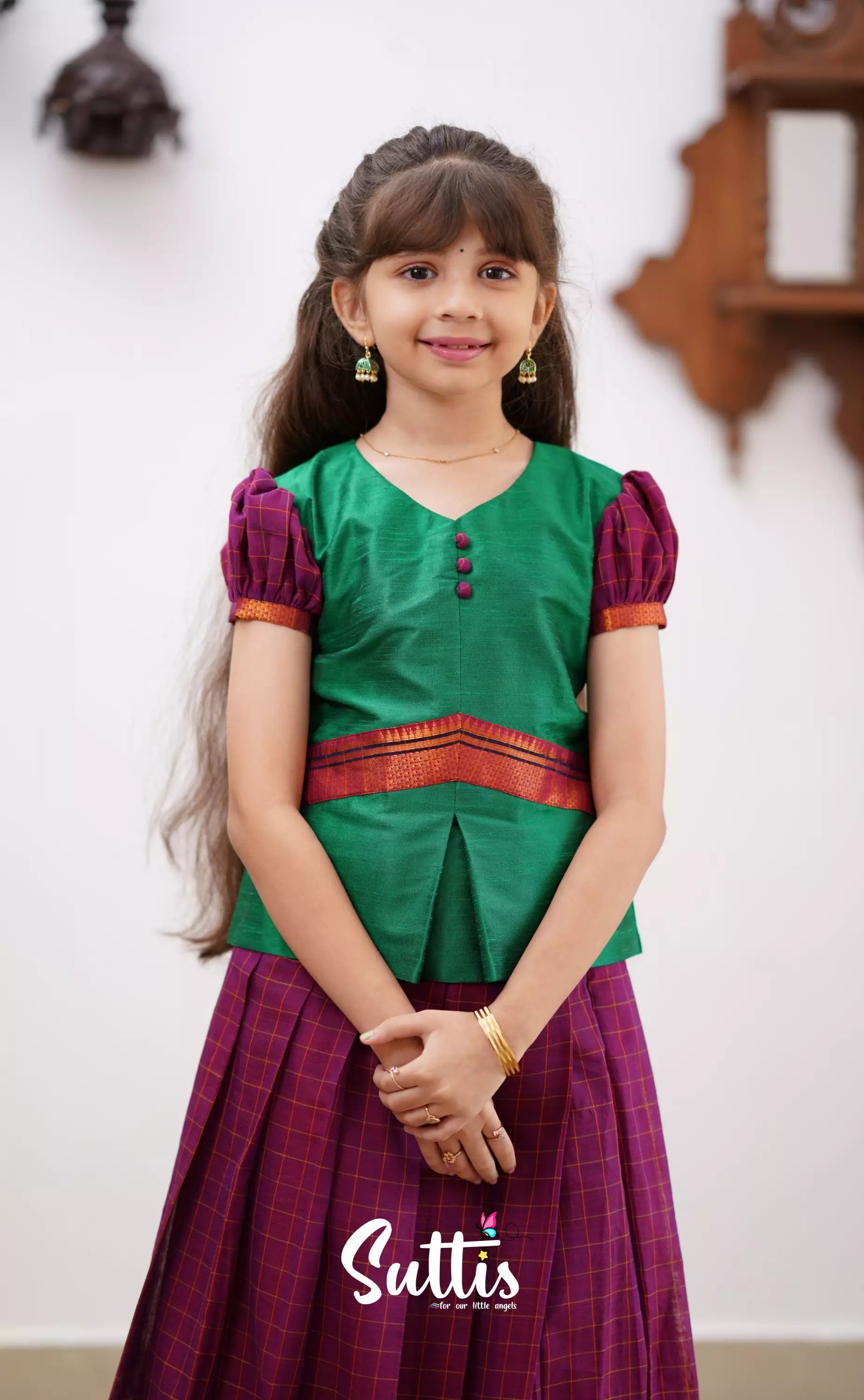 Padmaja - Green Shade And Magenta Tone Cotton Pavadai Sattai Kids-Suttis