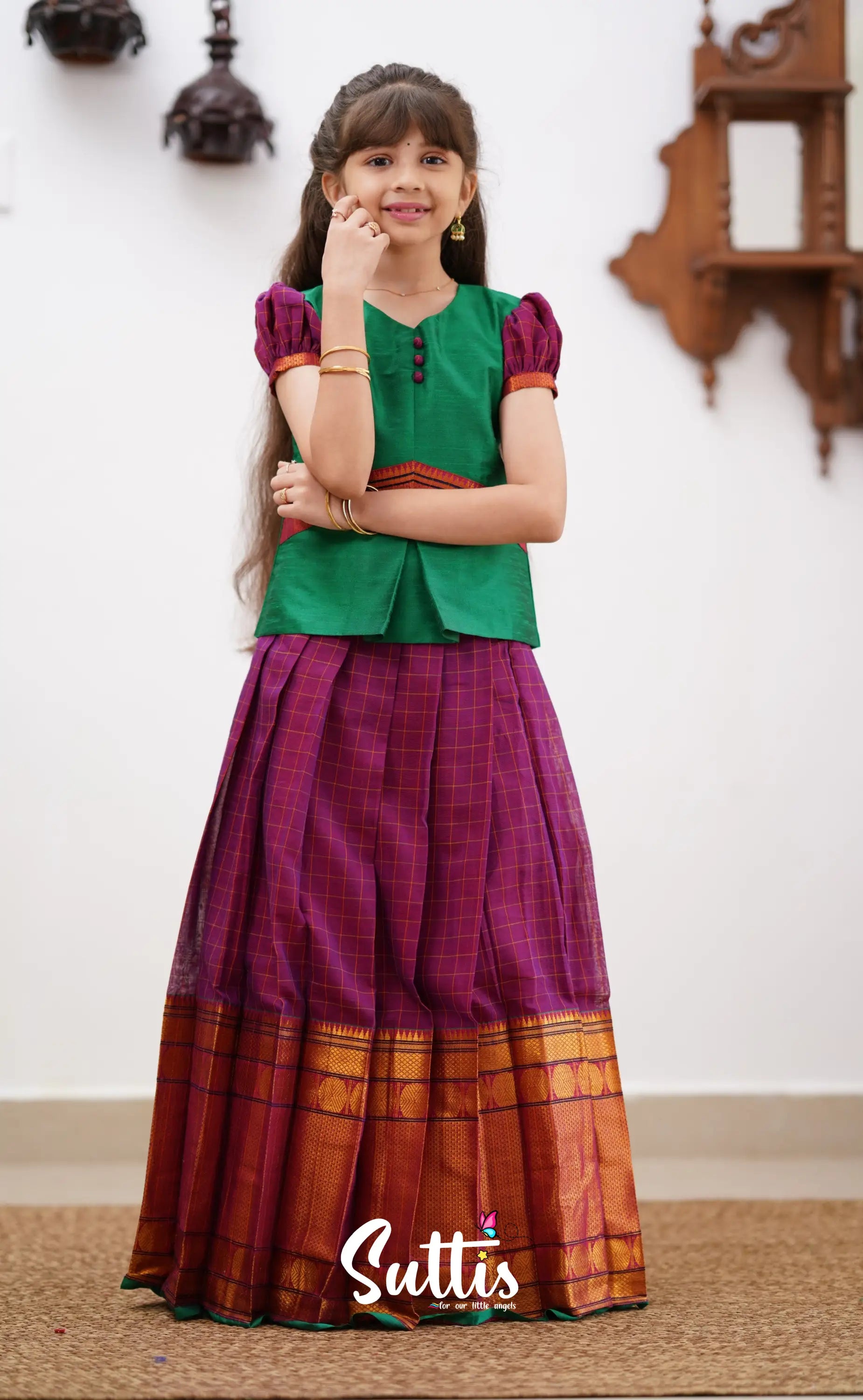 Padmaja - Green Shade And Magenta Tone Cotton Pavadai Sattai Kids-Suttis