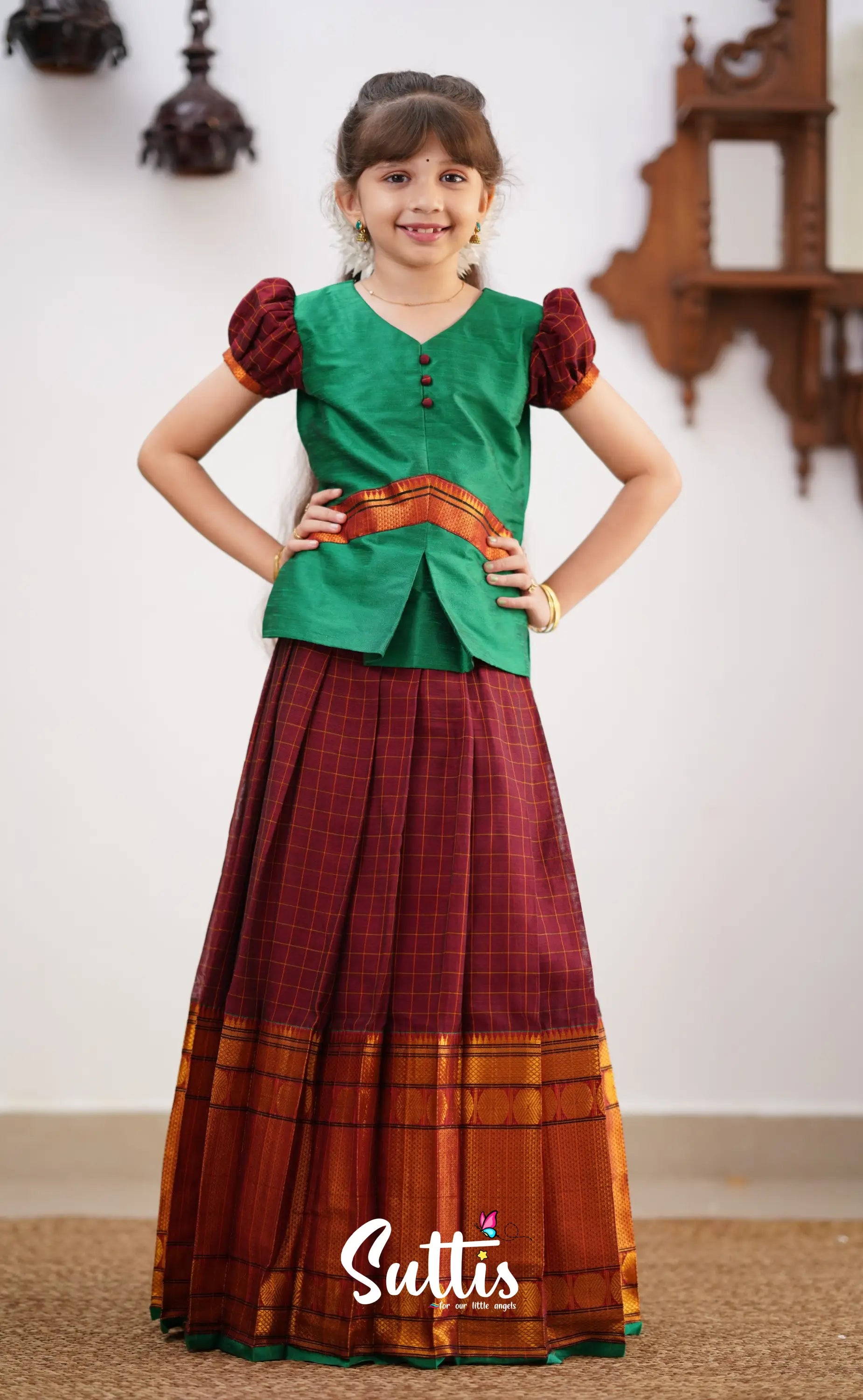 Padmaja - Green Shade And Maroon Tone Cotton Pavadai Sattai Kids-Suttis