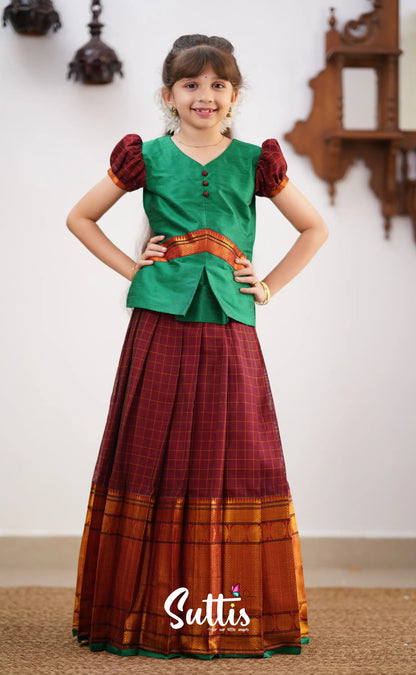 Padmaja - Green Shade And Maroon Tone Cotton Pavadai Sattai Kids-Suttis