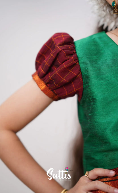 Padmaja - Green Shade And Maroon Tone Cotton Pavadai Sattai Kids-Suttis