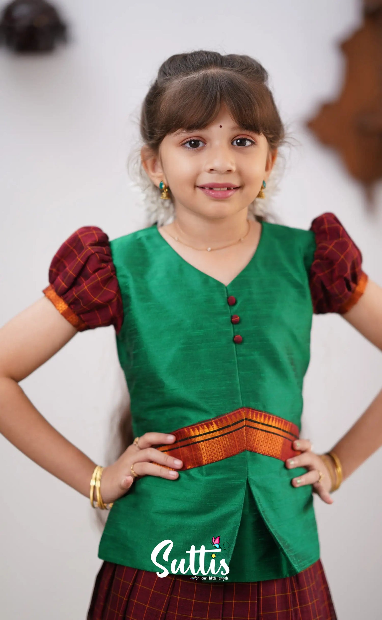 Padmaja - Green Shade And Maroon Tone Cotton Pavadai Sattai Kids-Suttis