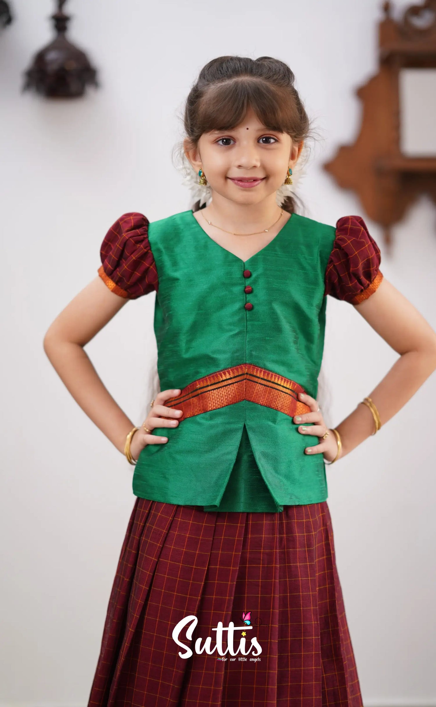 Padmaja - Green Shade And Maroon Tone Cotton Pavadai Sattai Kids-Suttis