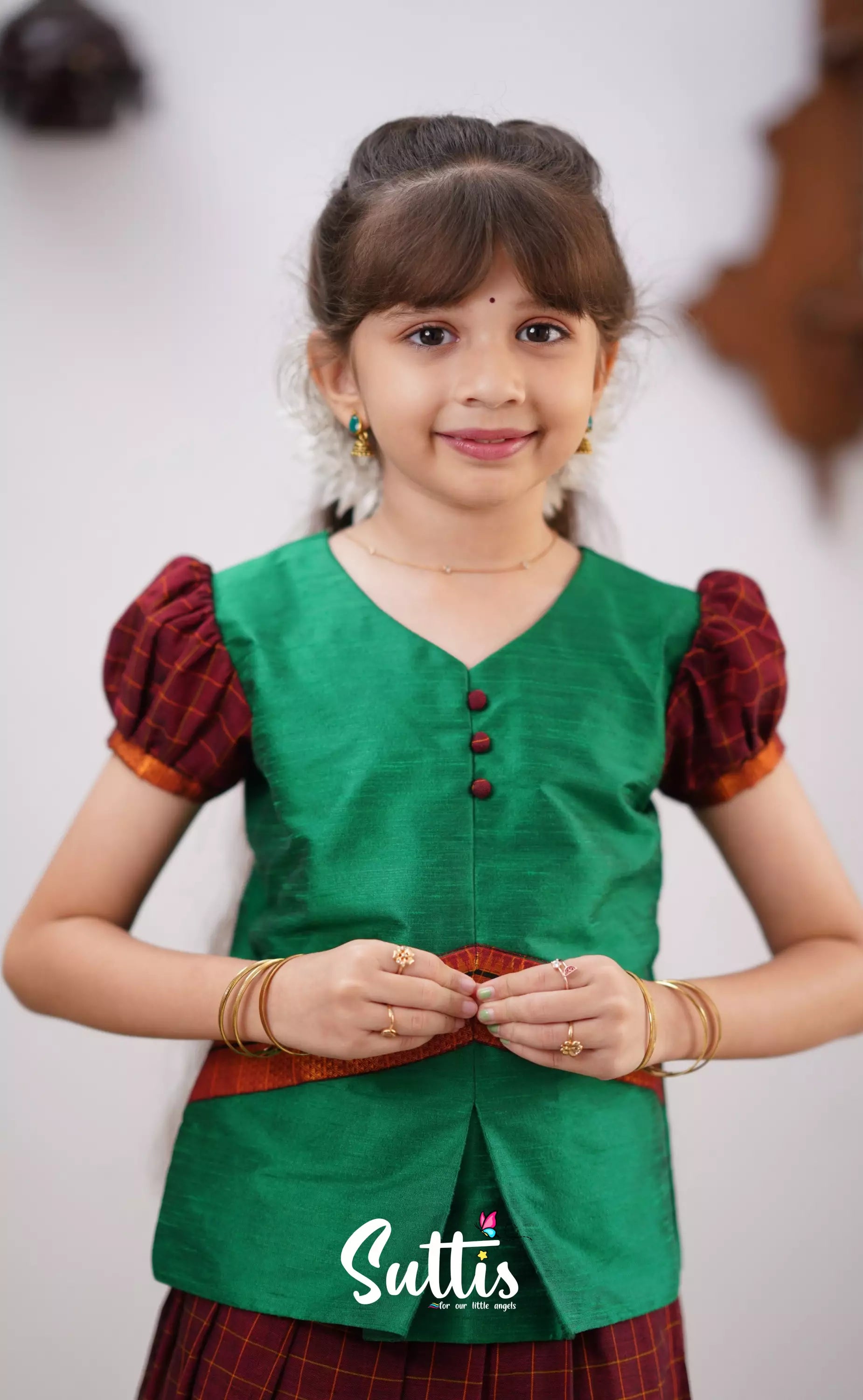 Padmaja - Green Shade And Maroon Tone Cotton Pavadai Sattai Kids-Suttis