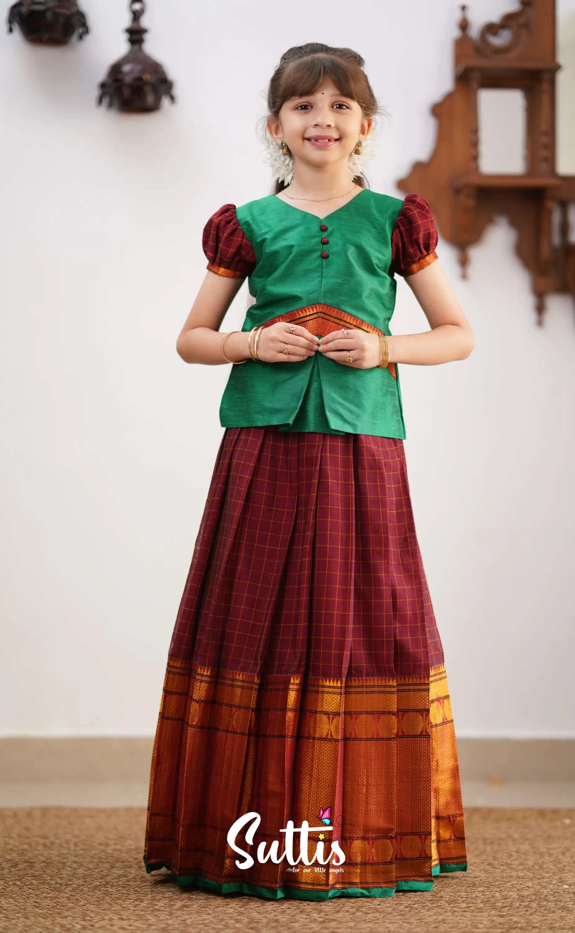 Padmaja - Green Shade And Maroon Tone Cotton Pavadai Sattai Kids-Suttis