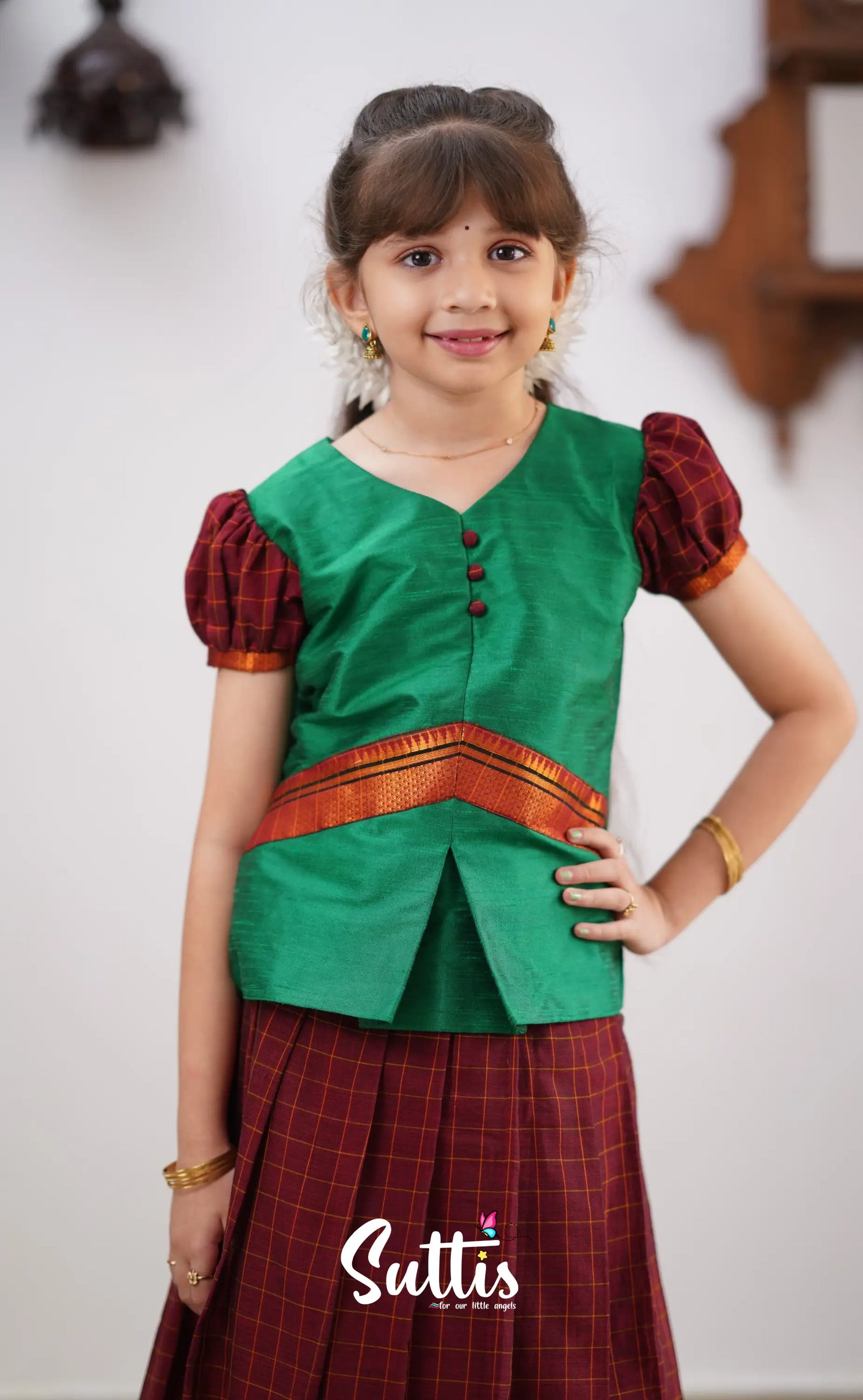 Padmaja - Green Shade And Maroon Tone Cotton Pavadai Sattai Kids-Suttis