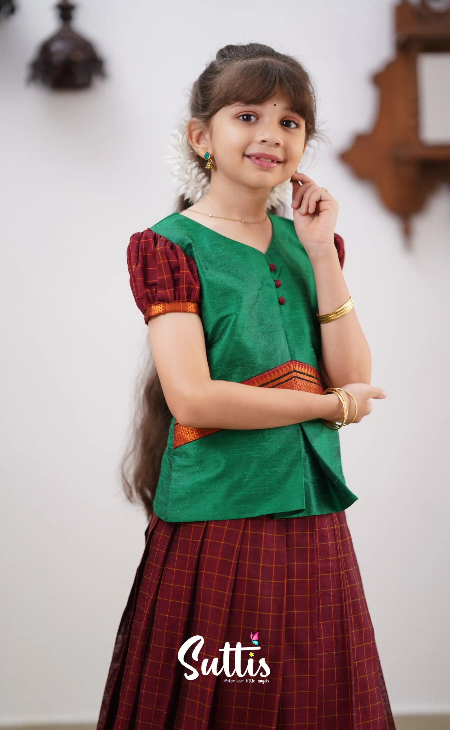 Padmaja - Green Shade And Maroon Tone Cotton Pavadai Sattai Kids-Suttis