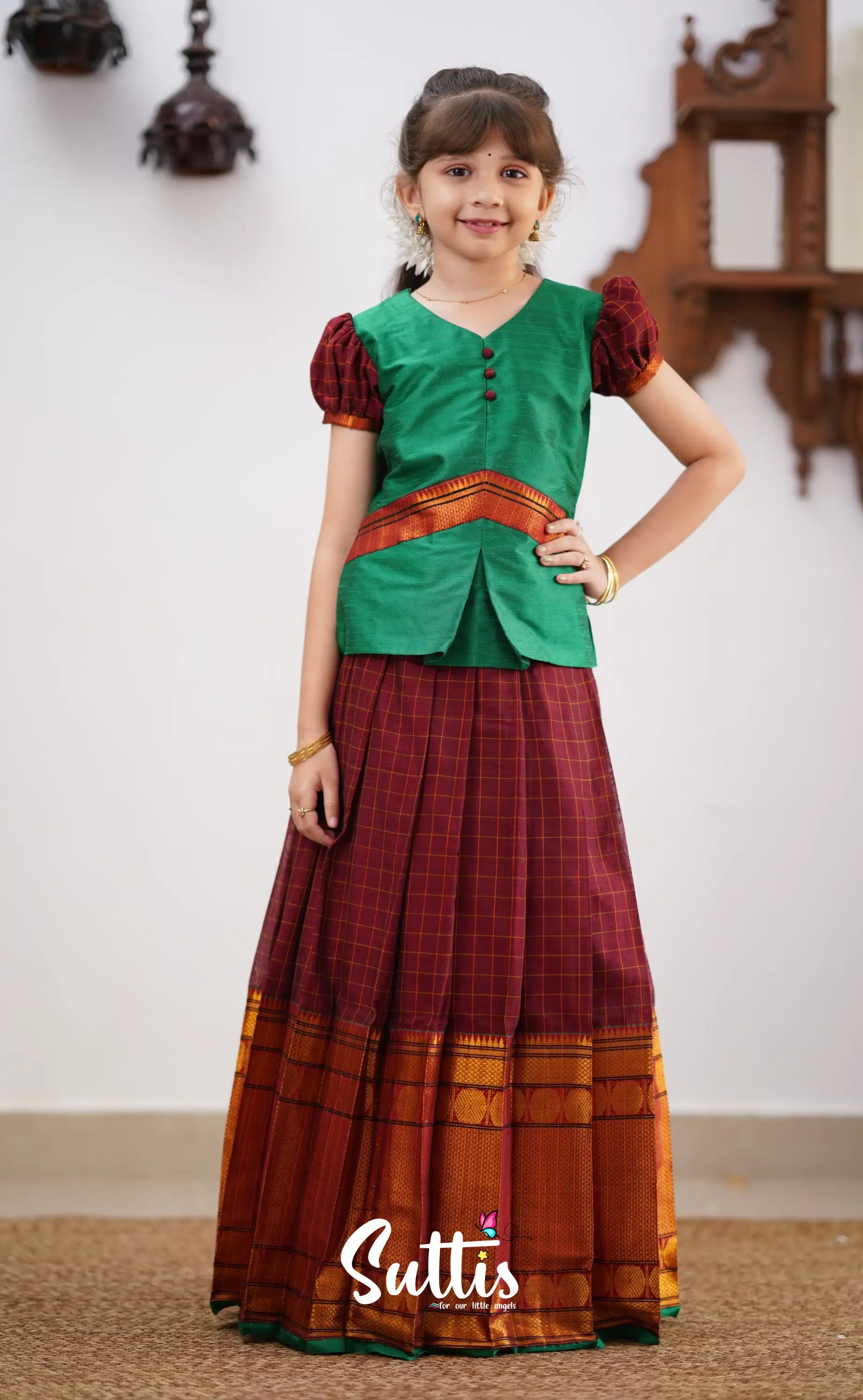 Padmaja - Green Shade And Maroon Tone Cotton Pavadai Sattai Kids-Suttis