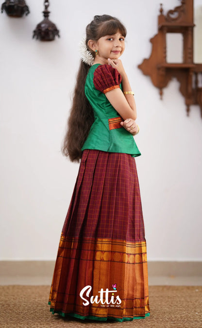 Padmaja - Green Shade And Maroon Tone Cotton Pavadai Sattai Kids-Suttis