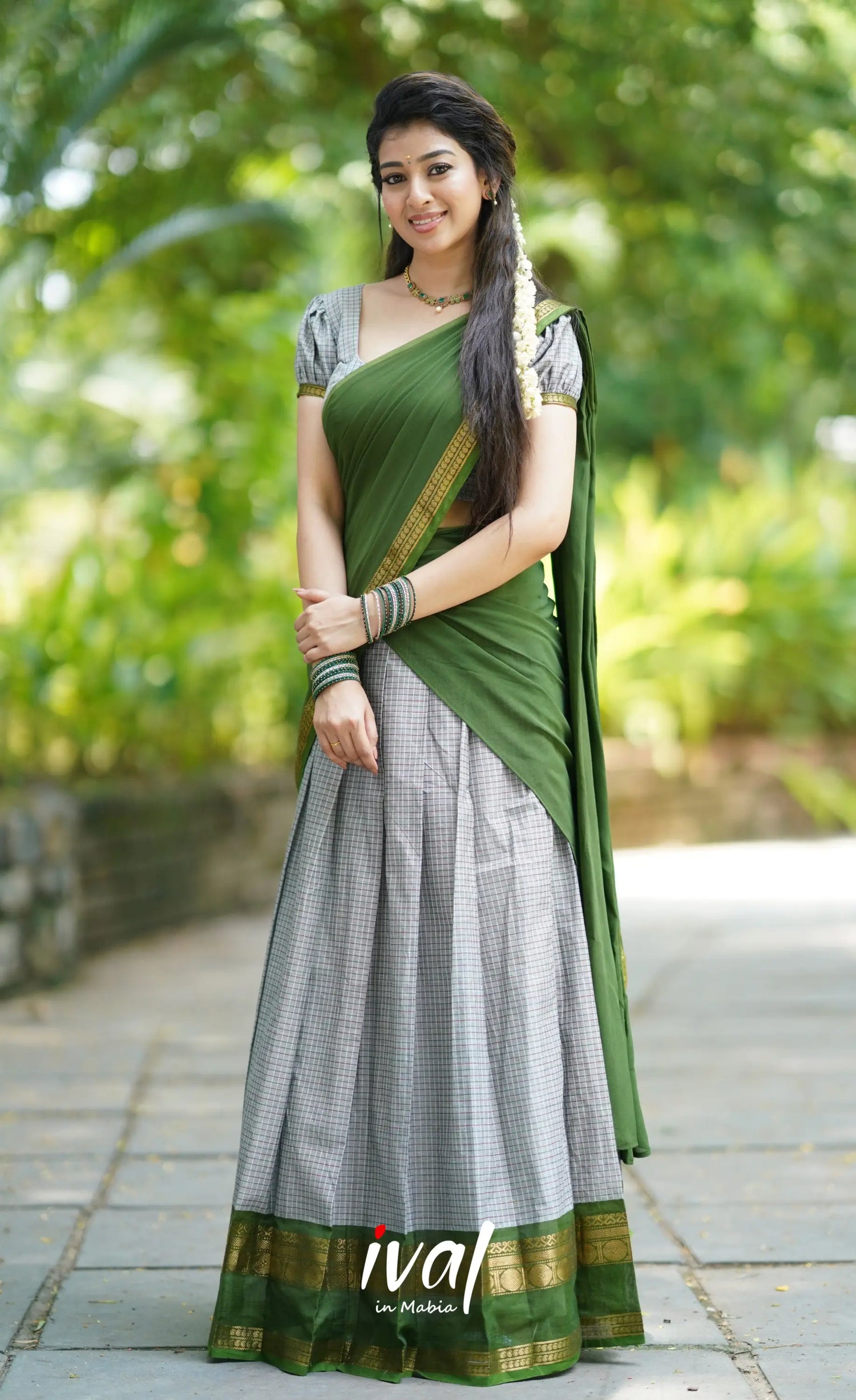 Padmaja- Grey And Dark Green Cotton Halfsaree Half Sarees