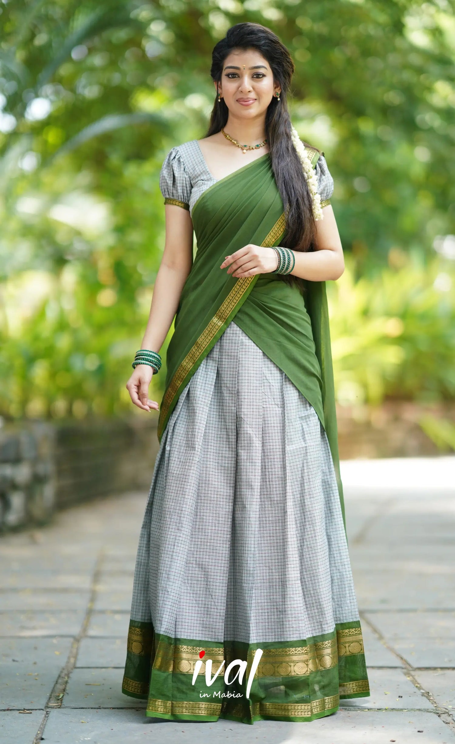 Padmaja- Grey And Dark Green Cotton Halfsaree Half Sarees