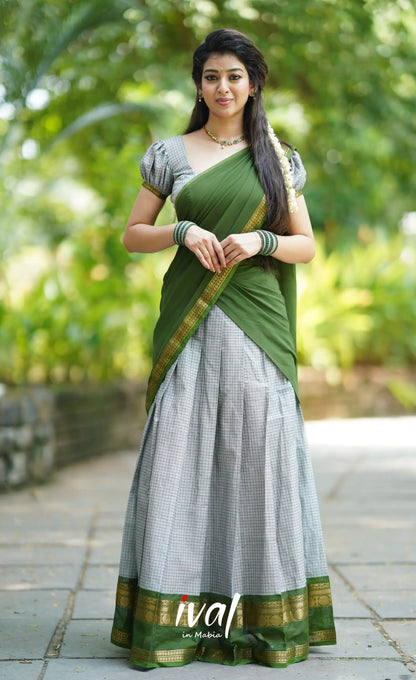 Padmaja- Grey And Dark Green Cotton Halfsaree Half Sarees