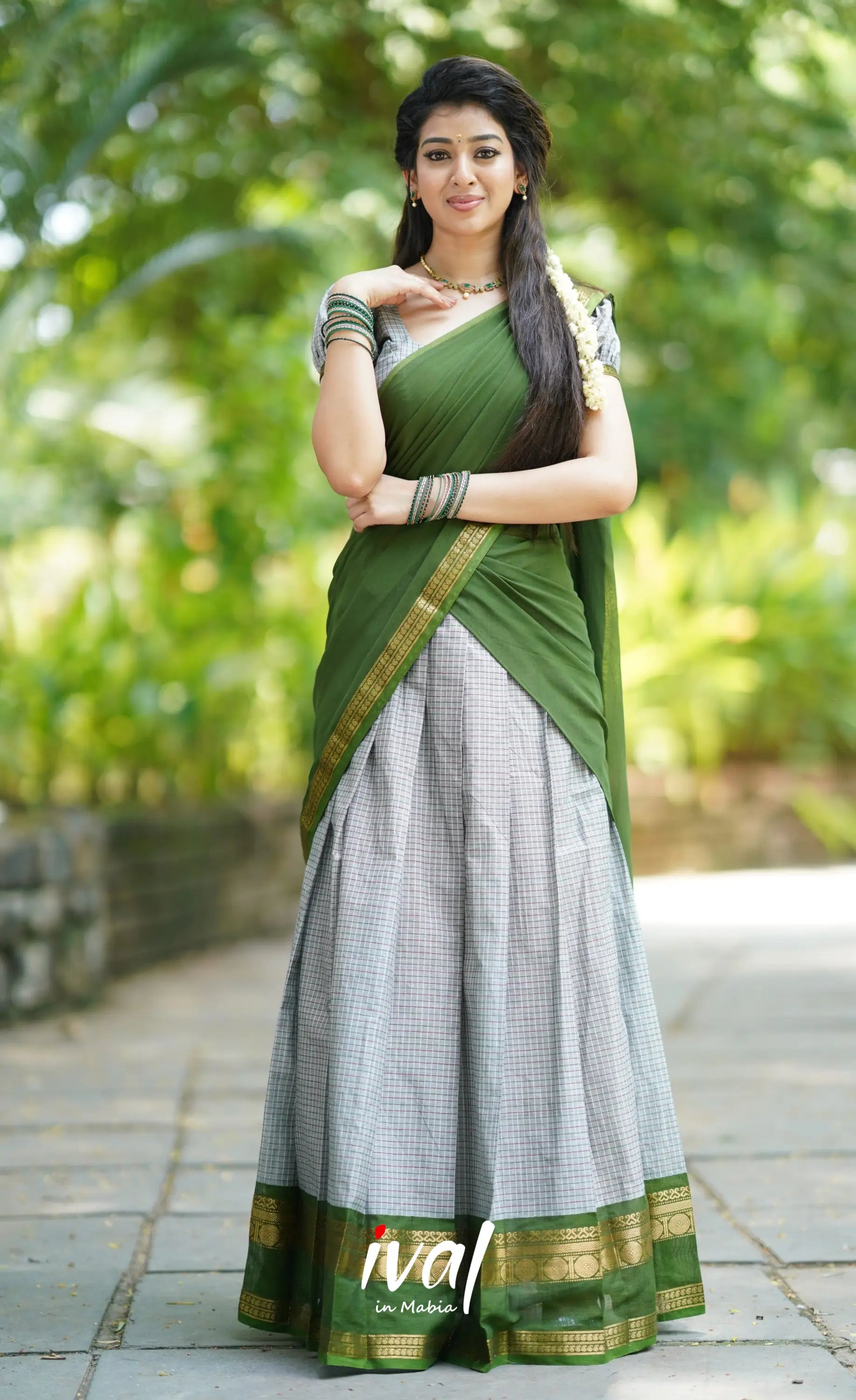 Padmaja- Grey And Dark Green Cotton Halfsaree Half Sarees