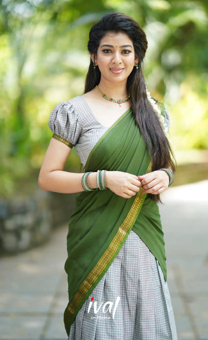 Padmaja- Grey And Dark Green Cotton Halfsaree Half Sarees