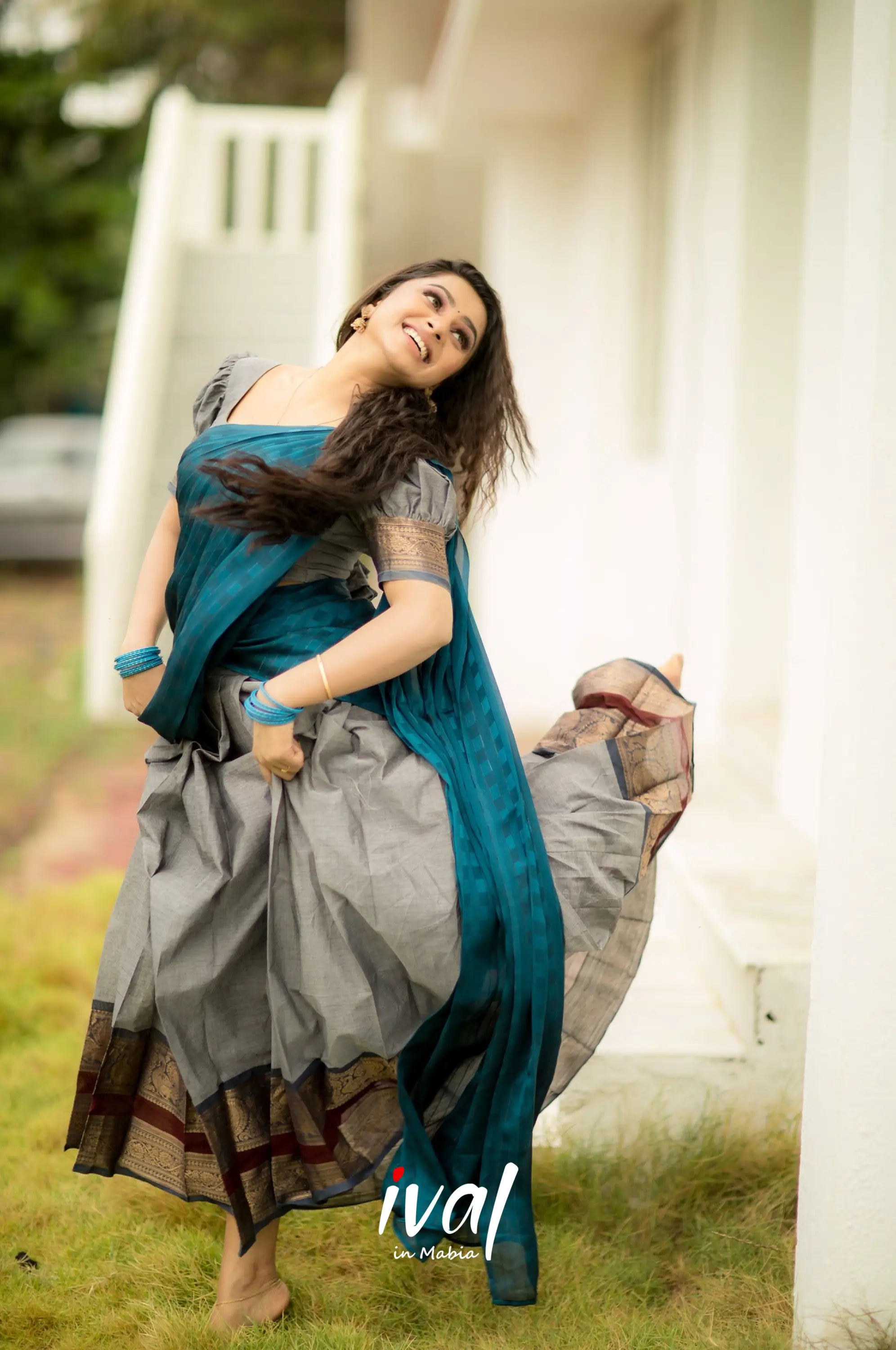 Padmaja - Grey And Dark Peacock Blue Cotton Half Saree Sarees