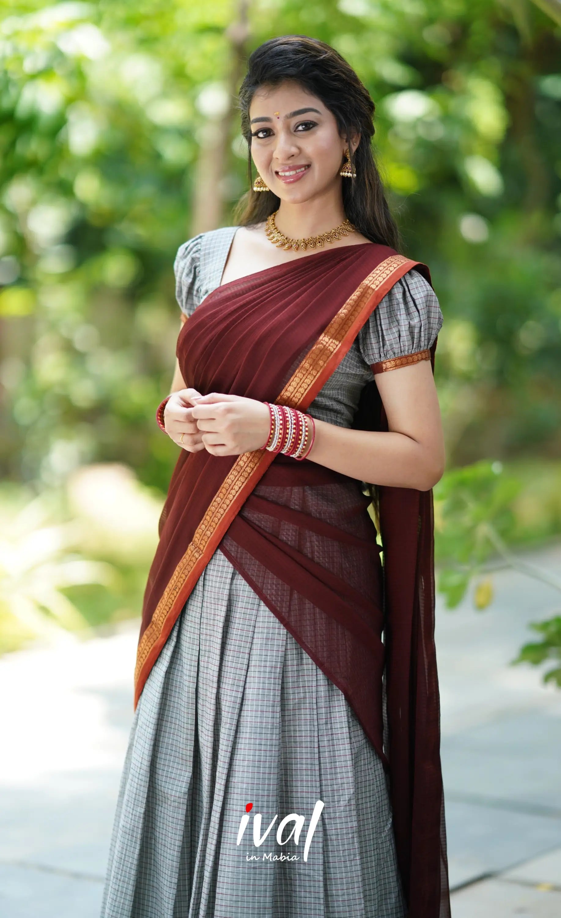 Padmaja- Grey And Maroon Cotton Halfsaree Half Sarees