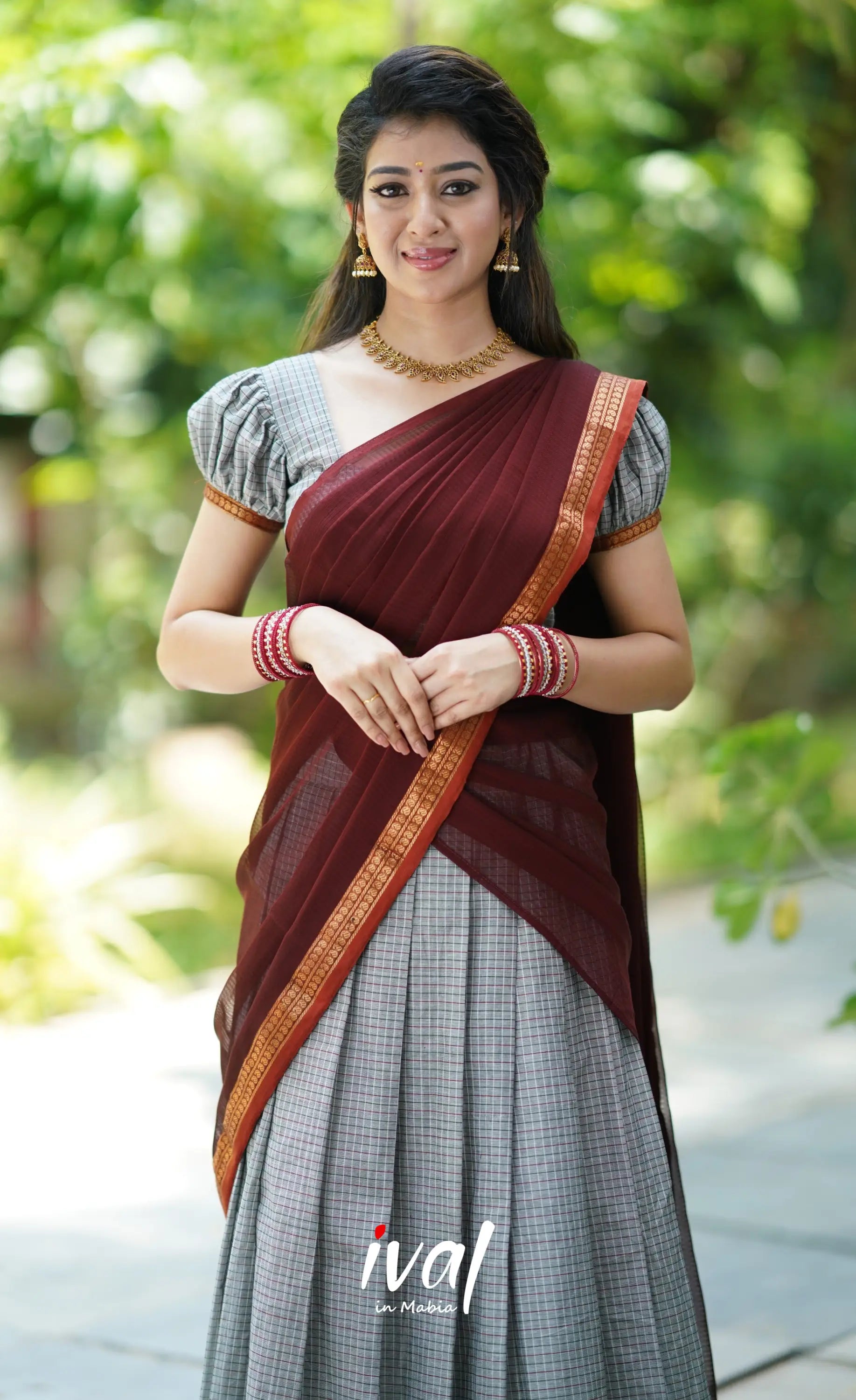 Padmaja- Grey And Maroon Cotton Halfsaree Half Sarees