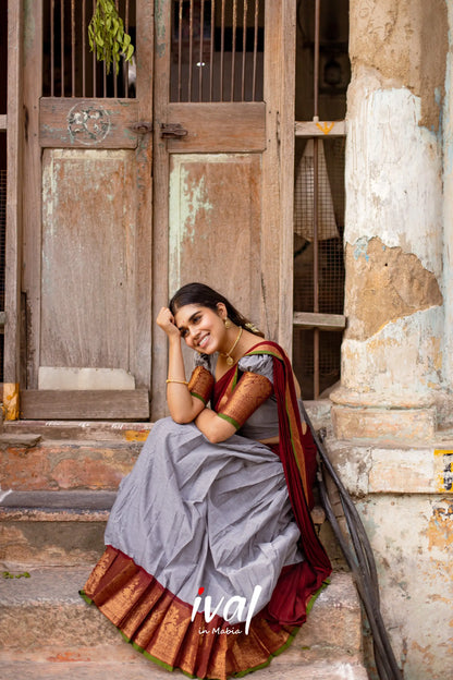 Padmaja - Grey And Maroon Cotton Halfsaree Half Sarees