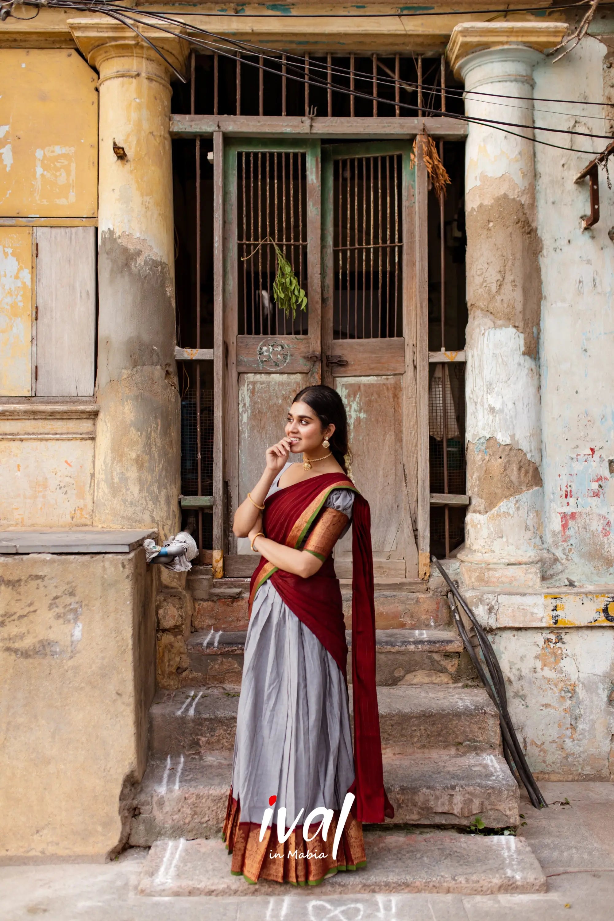 Padmaja - Grey And Maroon Cotton Halfsaree Half Sarees