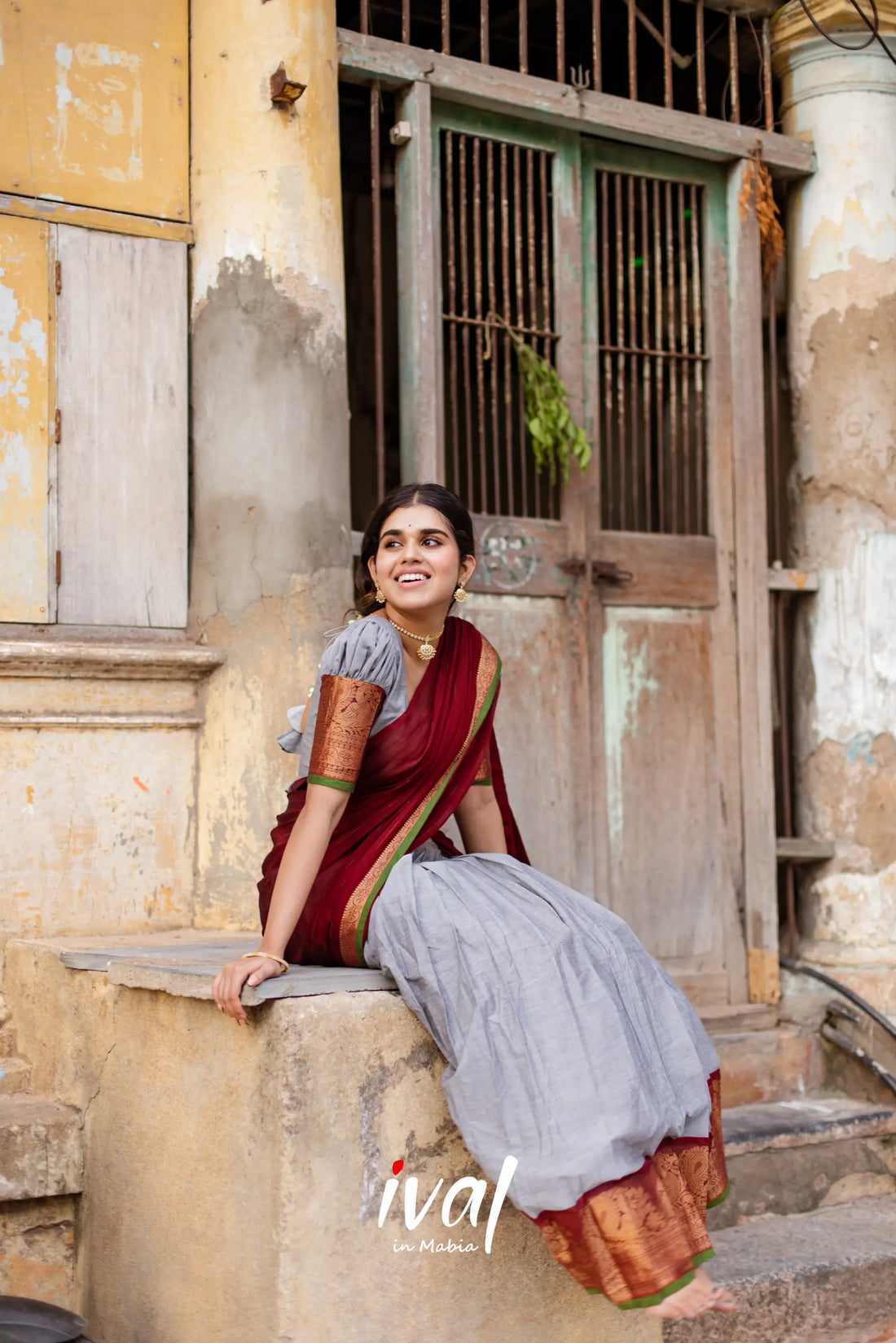 Padmaja - Grey And Maroon Cotton Halfsaree Half Sarees