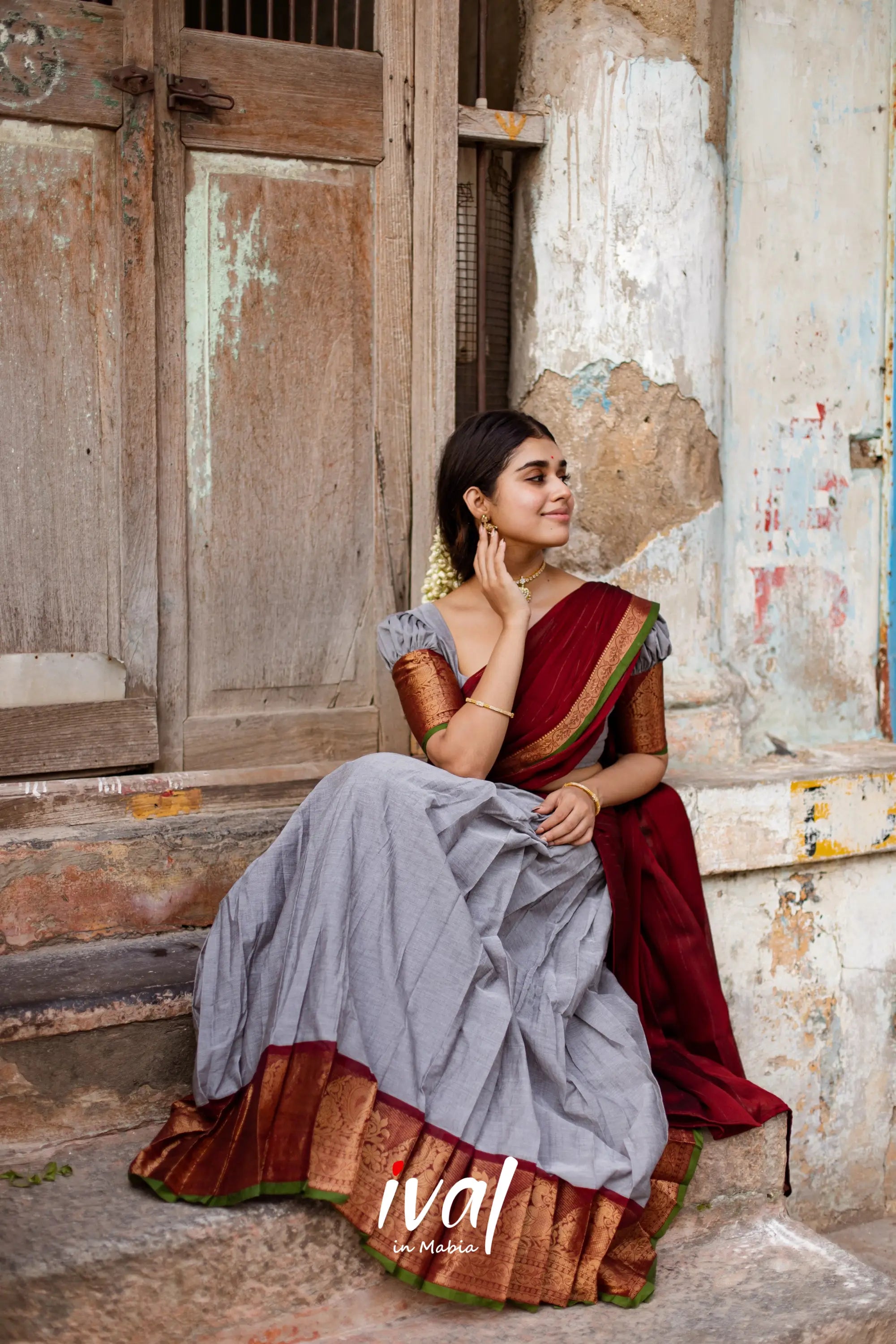 Padmaja - Grey And Maroon Cotton Halfsaree Half Sarees