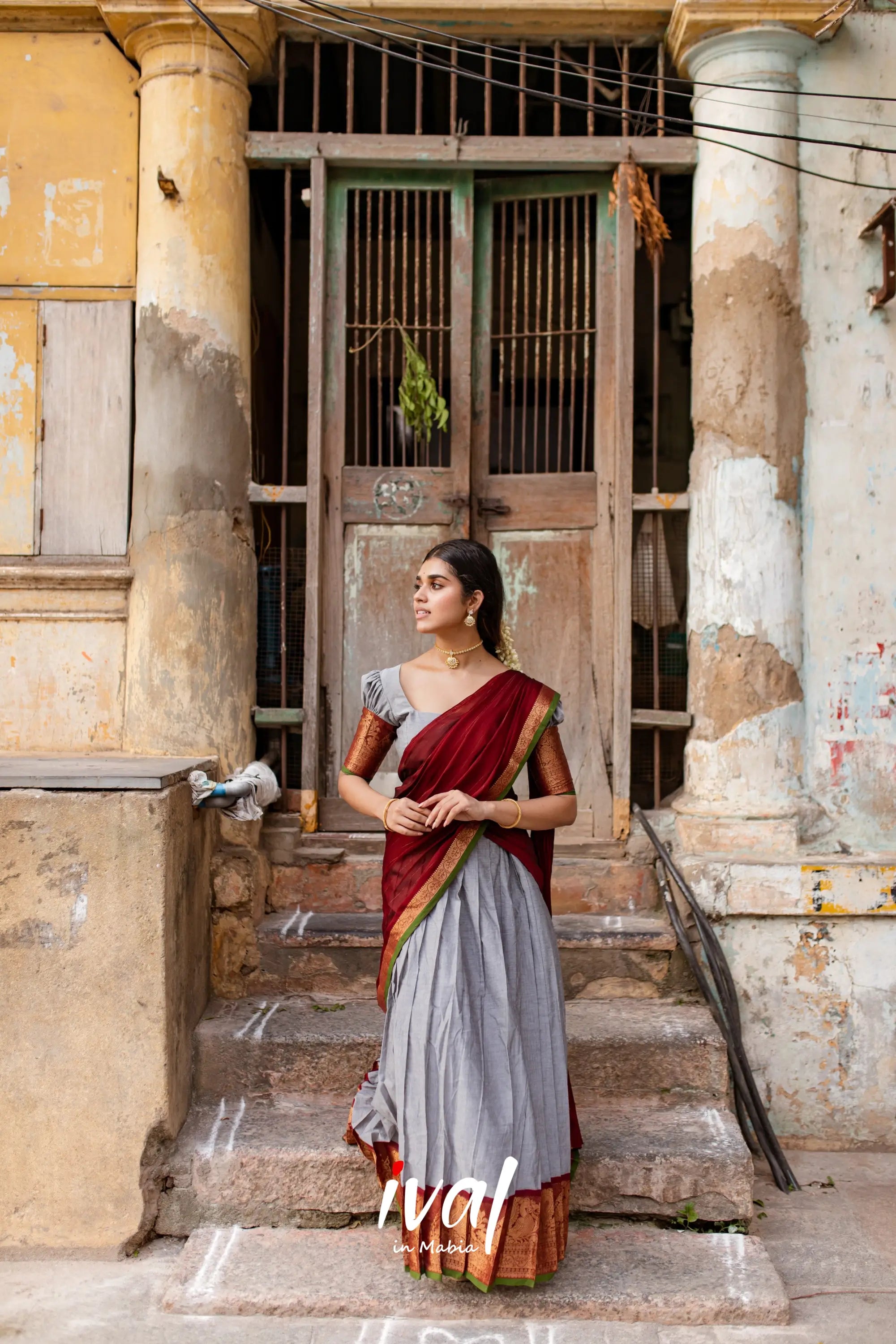 Padmaja - Grey And Maroon Cotton Halfsaree Half Sarees