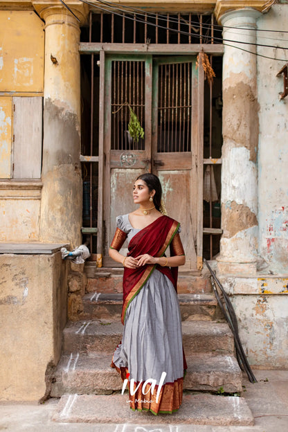 Padmaja - Grey And Maroon Cotton Halfsaree Half Sarees