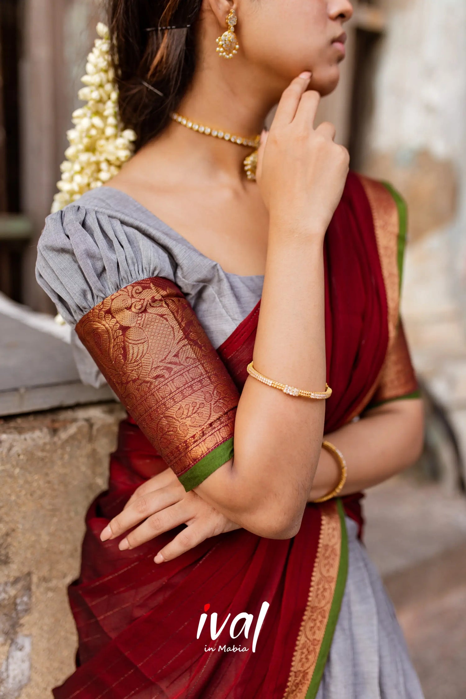 Padmaja - Grey And Maroon Cotton Halfsaree Half Sarees