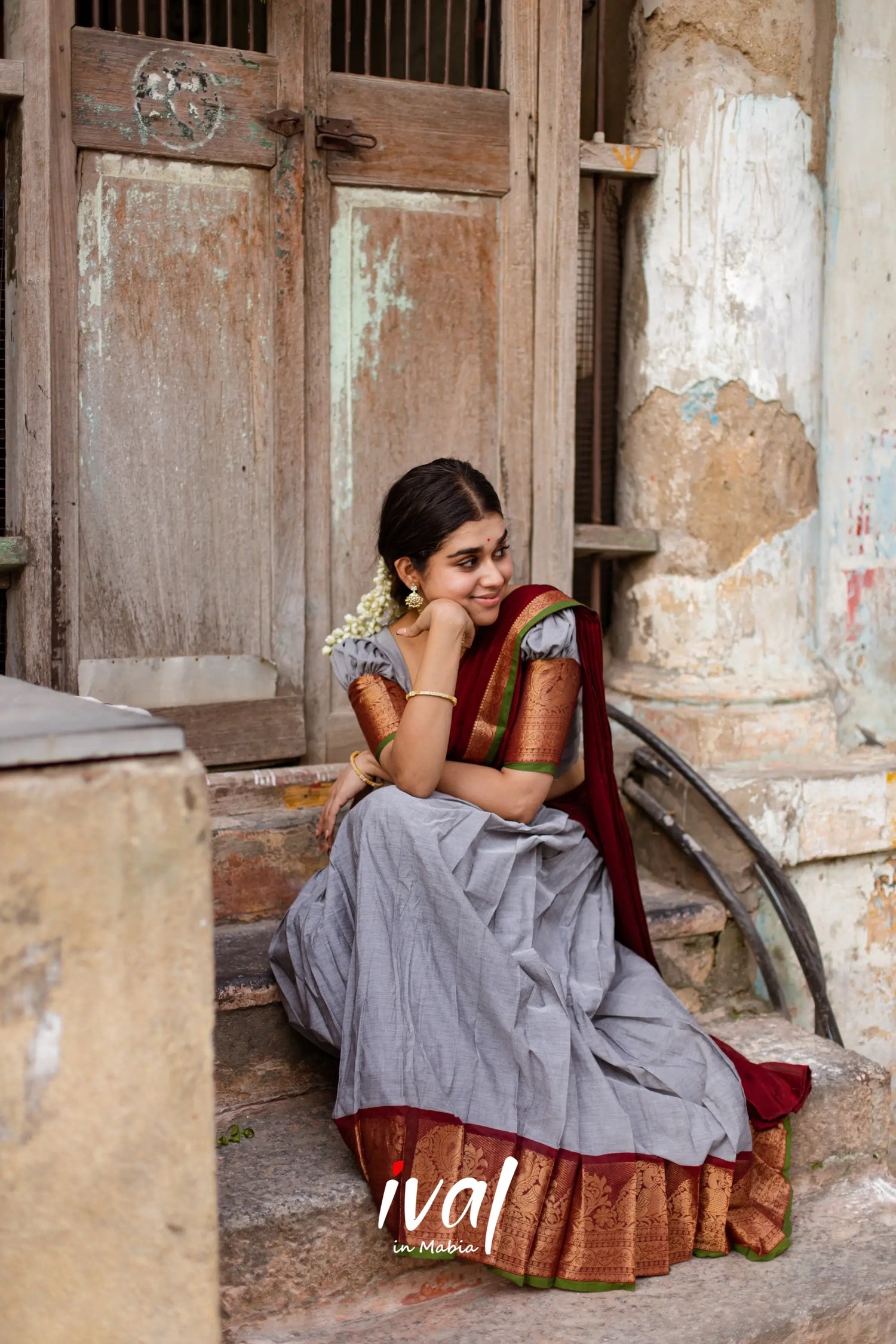 Padmaja - Grey And Maroon Cotton Halfsaree Half Sarees