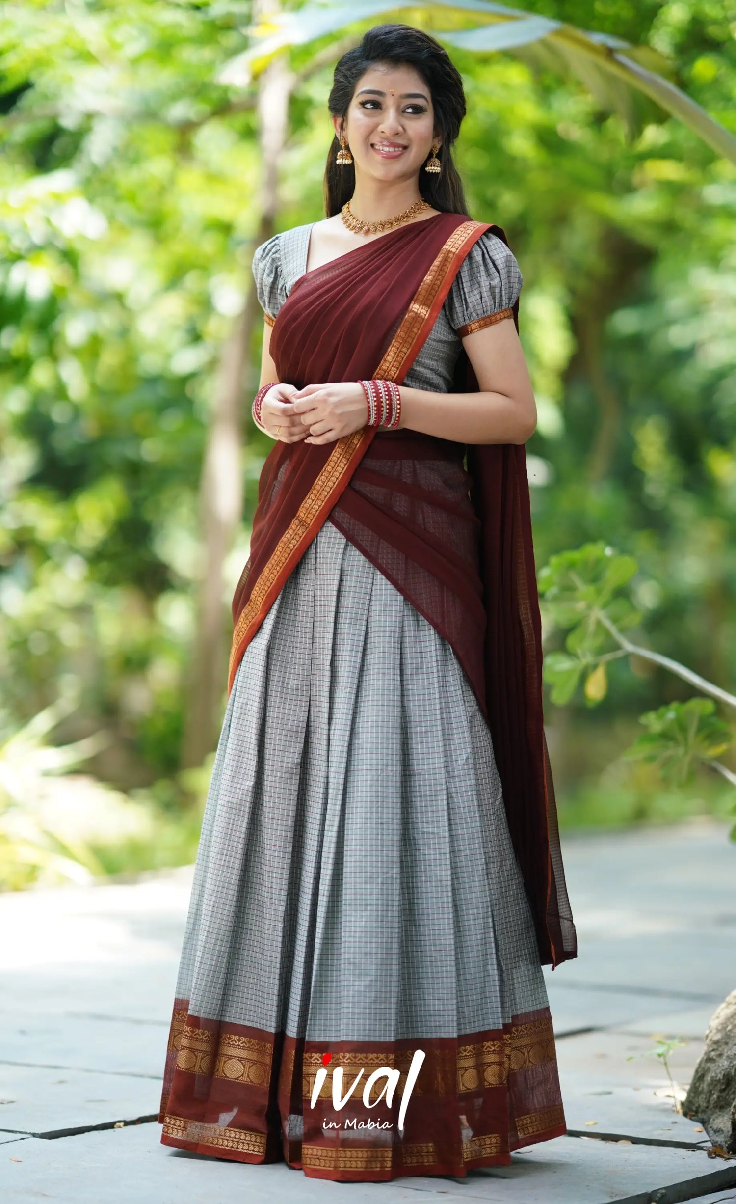 Padmaja- Grey And Maroon Cotton Halfsaree Half Sarees