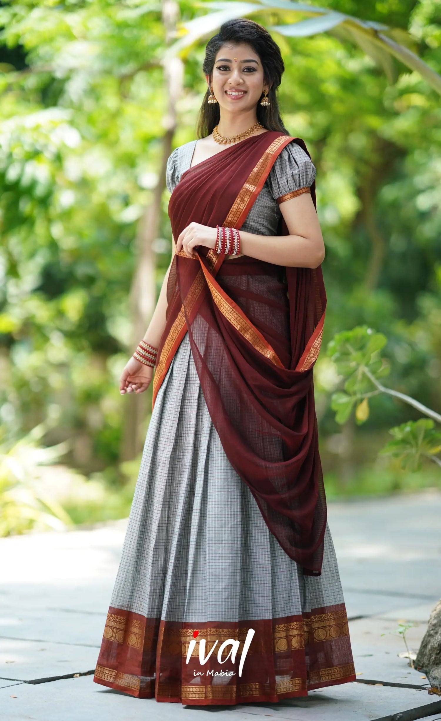 Padmaja- Grey And Maroon Cotton Halfsaree Half Sarees