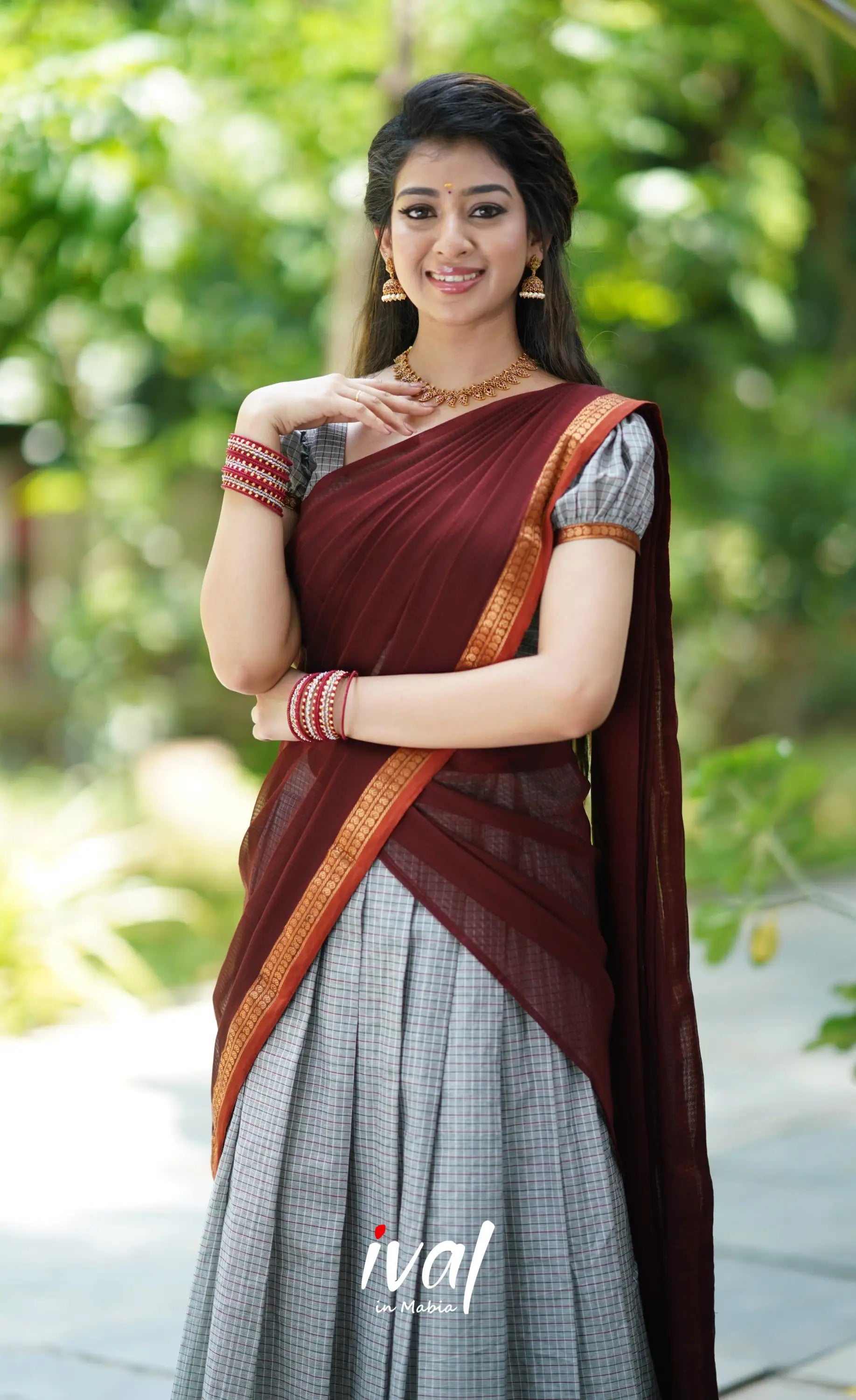 Padmaja- Grey And Maroon Cotton Halfsaree Half Sarees